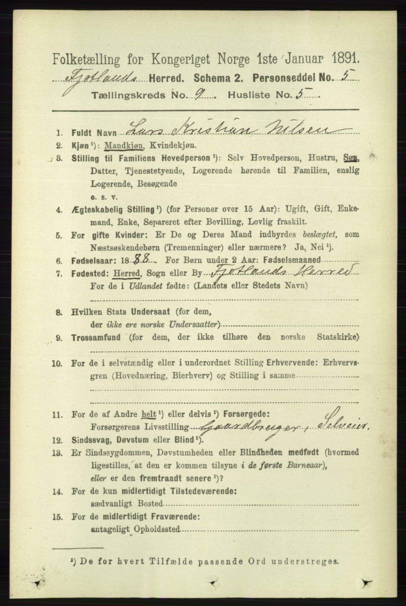 RA, 1891 census for 1036 Fjotland, 1891, p. 1324