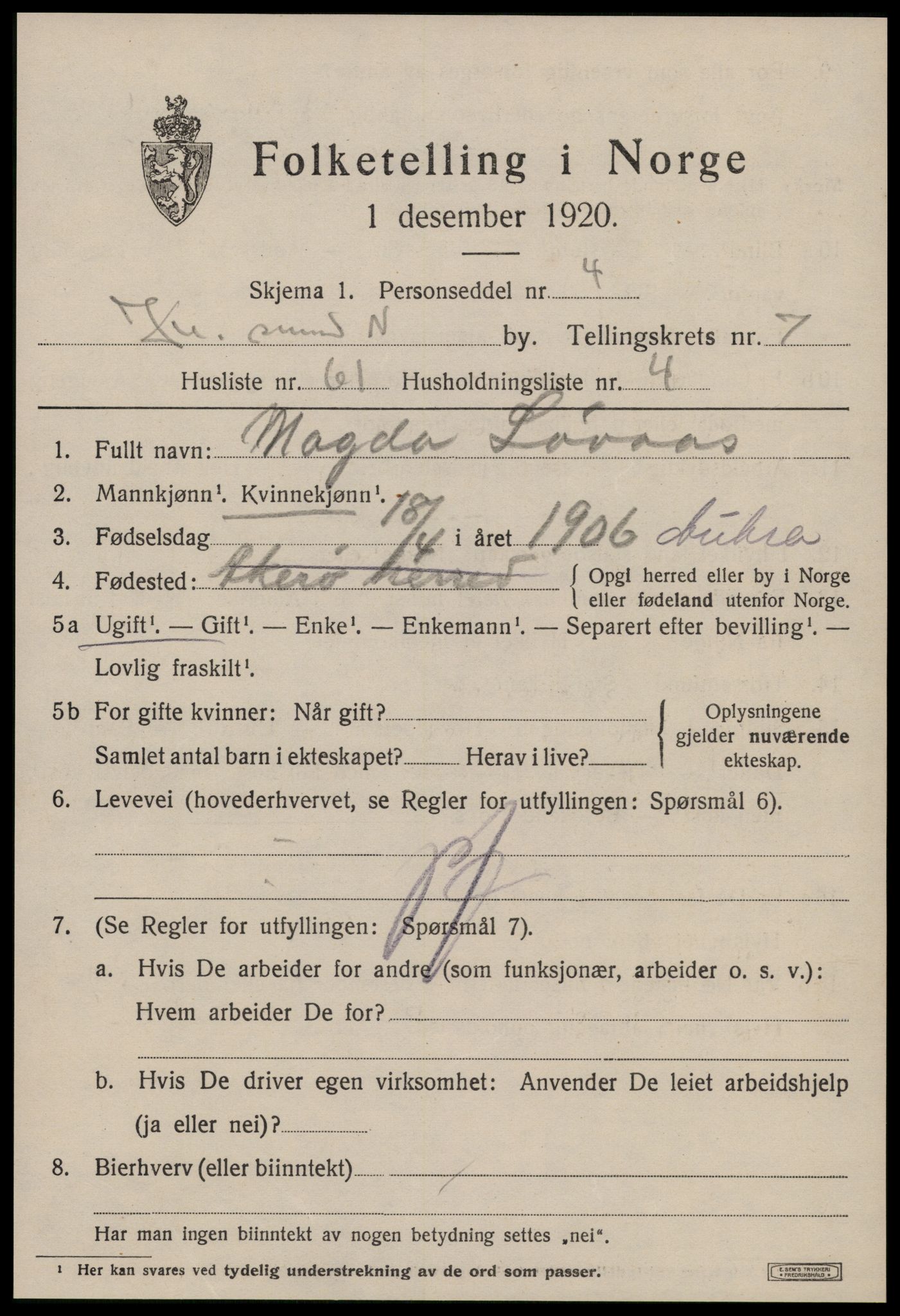 SAT, 1920 census for Kristiansund, 1920, p. 19819