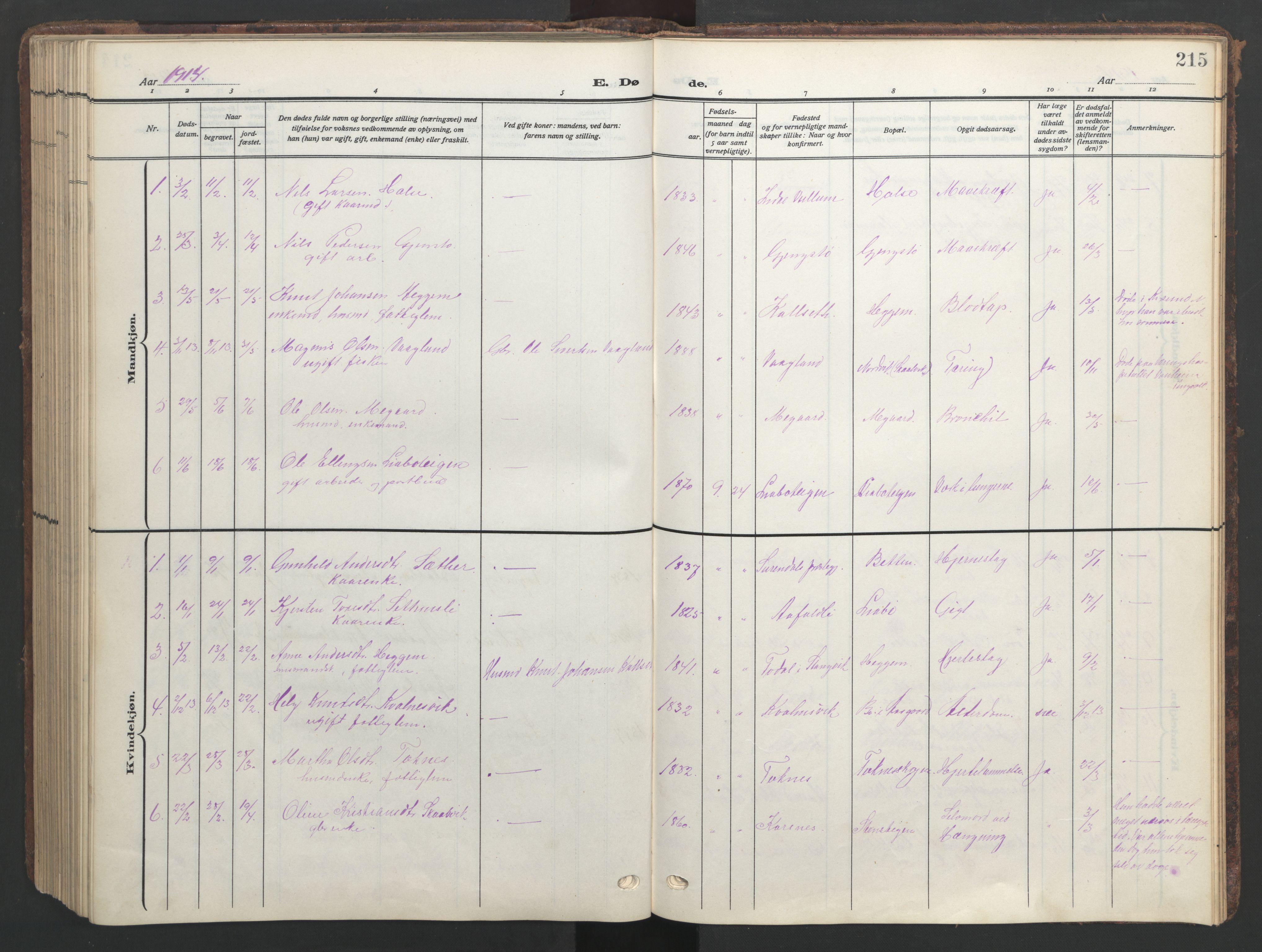 Ministerialprotokoller, klokkerbøker og fødselsregistre - Møre og Romsdal, SAT/A-1454/576/L0891: Parish register (copy) no. 576C02, 1909-1946, p. 215