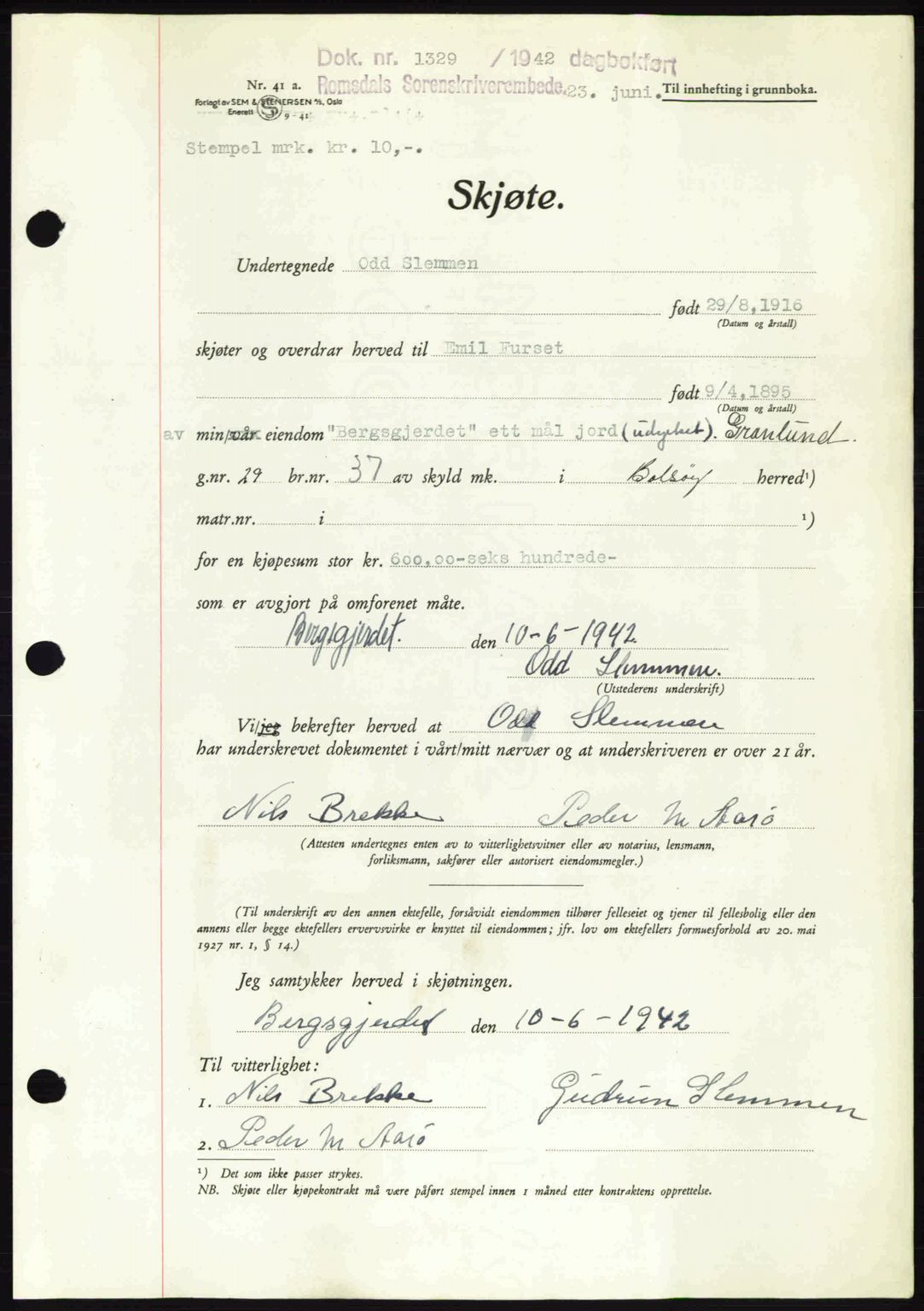 Romsdal sorenskriveri, AV/SAT-A-4149/1/2/2C: Mortgage book no. A12, 1942-1942, Diary no: : 1329/1942