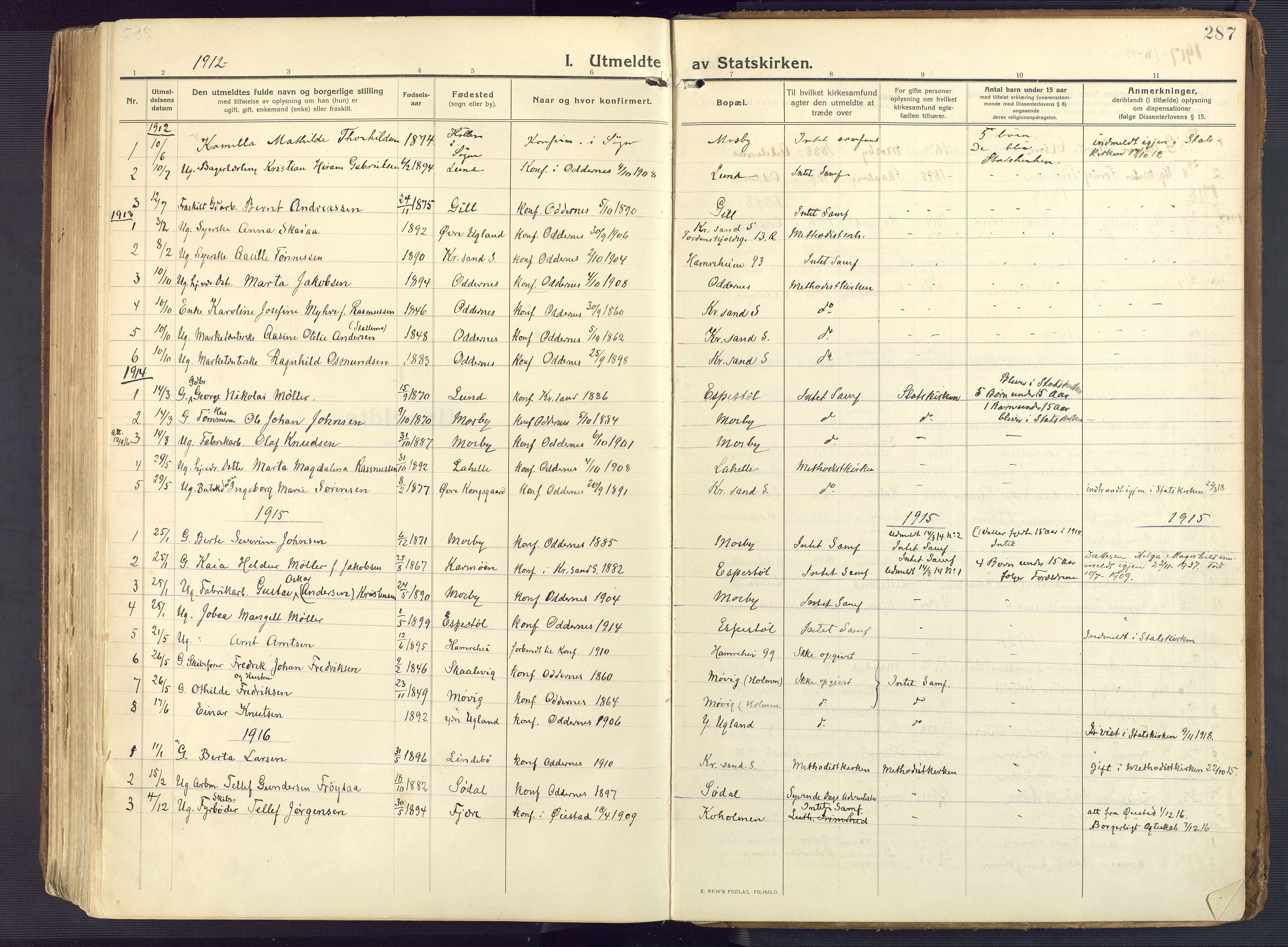 Oddernes sokneprestkontor, AV/SAK-1111-0033/F/Fa/Faa/L0012: Parish register (official) no. A 12, 1912-1925, p. 287