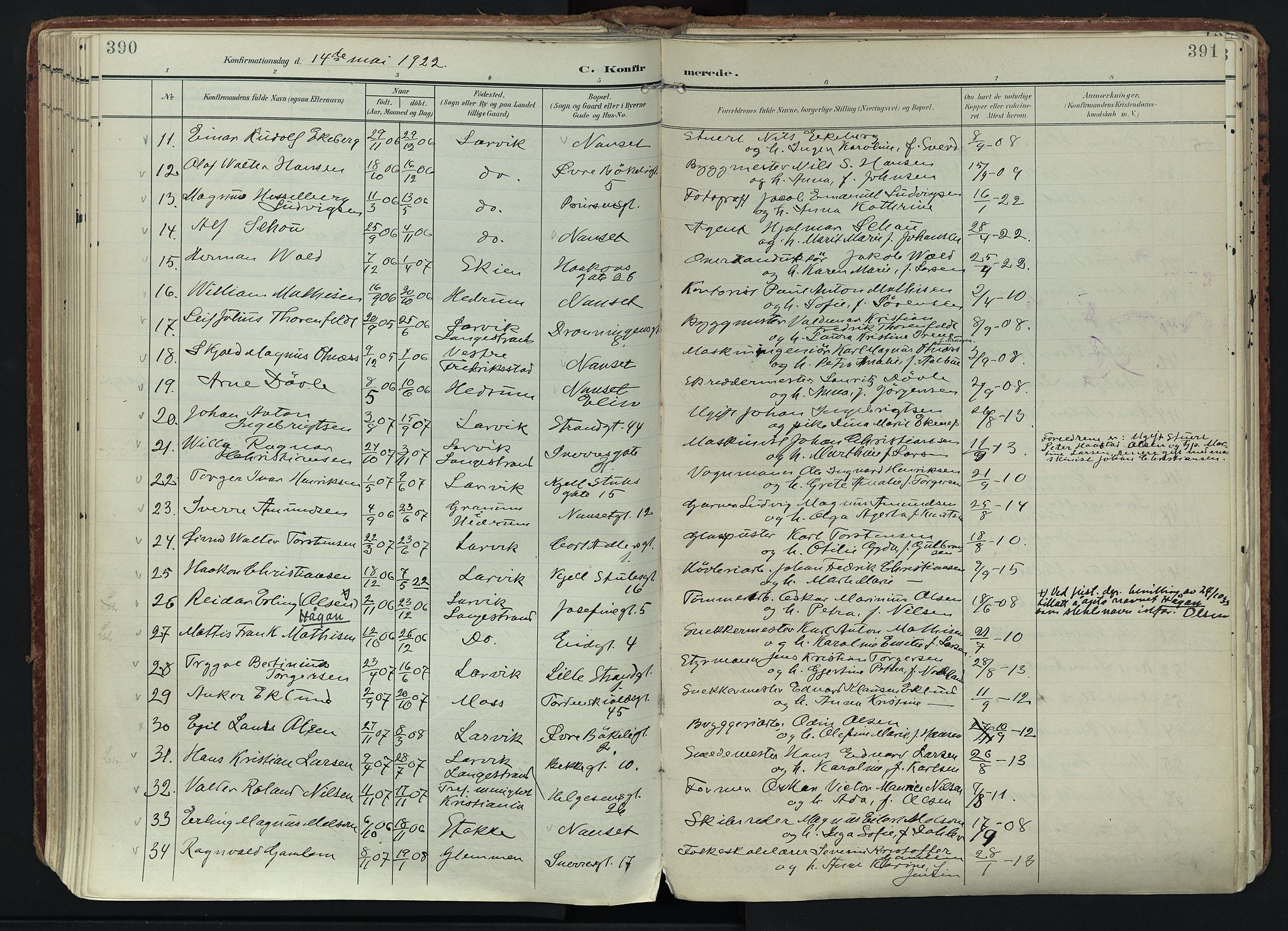 Larvik kirkebøker, SAKO/A-352/F/Fa/L0011: Parish register (official) no. I 11, 1902-1922, p. 390-391