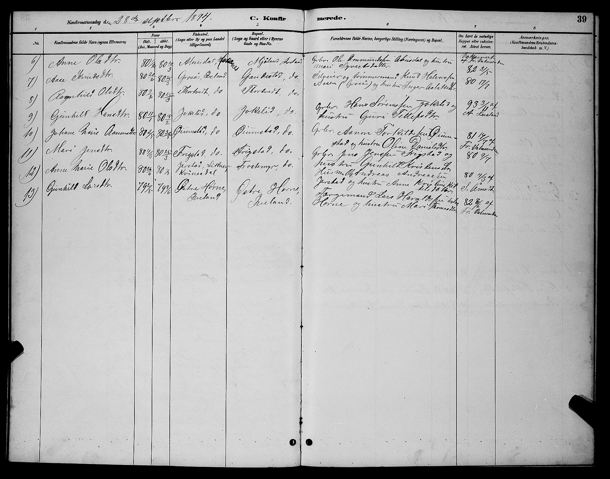 Evje sokneprestkontor, AV/SAK-1111-0008/F/Fb/Fbc/L0004: Parish register (copy) no. B 4, 1890-1900, p. 39