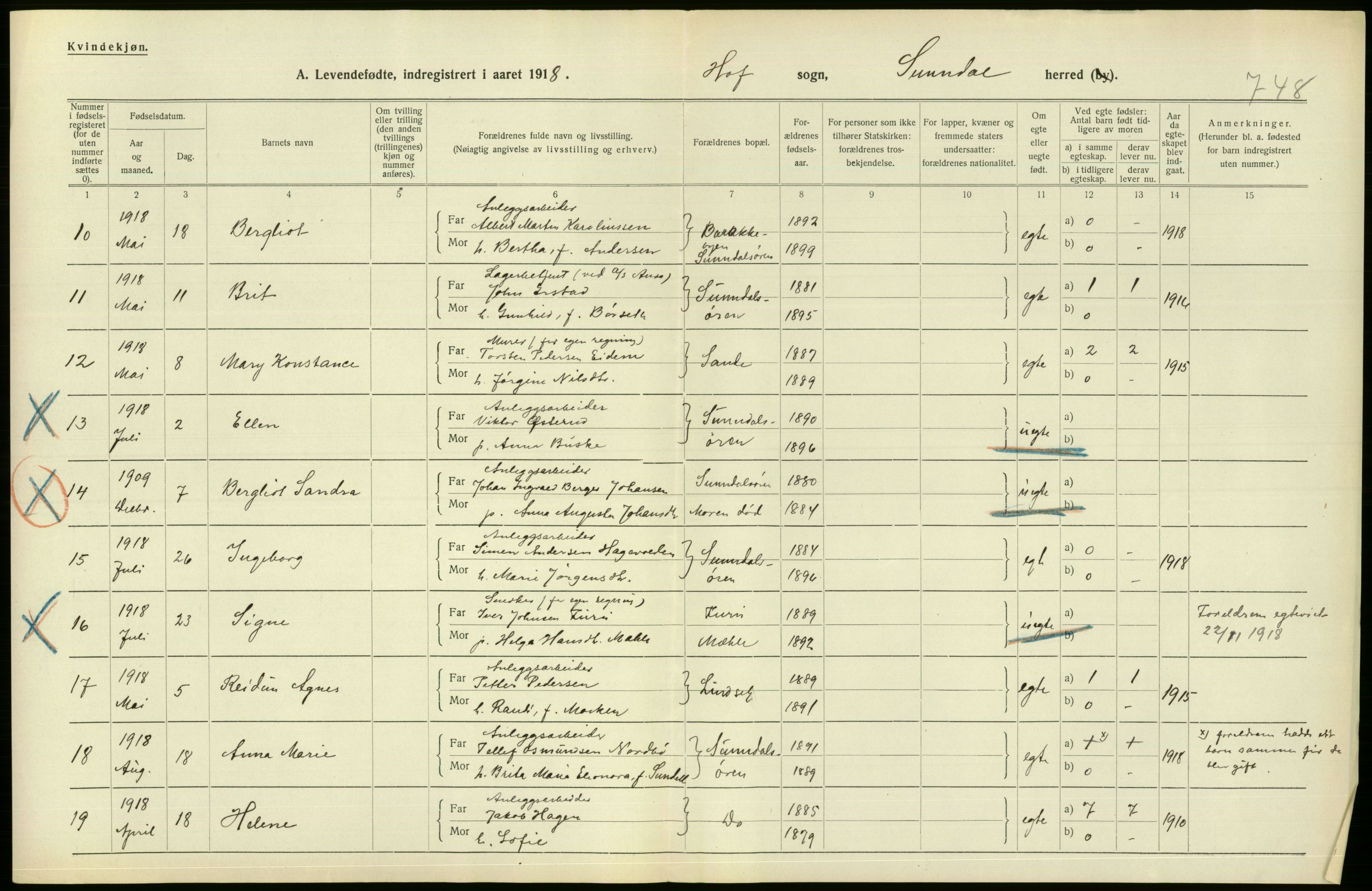 Statistisk sentralbyrå, Sosiodemografiske emner, Befolkning, RA/S-2228/D/Df/Dfb/Dfbh/L0043: Møre fylke: Levendefødte menn og kvinner. Bygder., 1918, p. 144