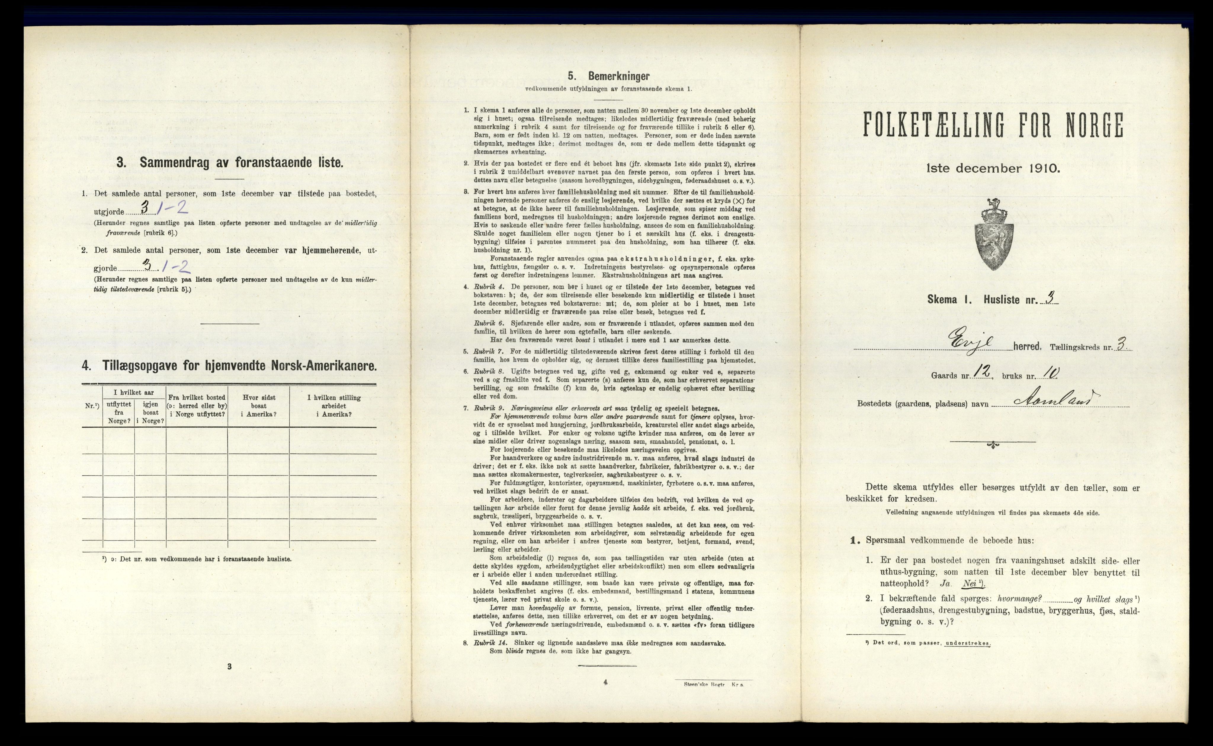 RA, 1910 census for Evje, 1910, p. 100