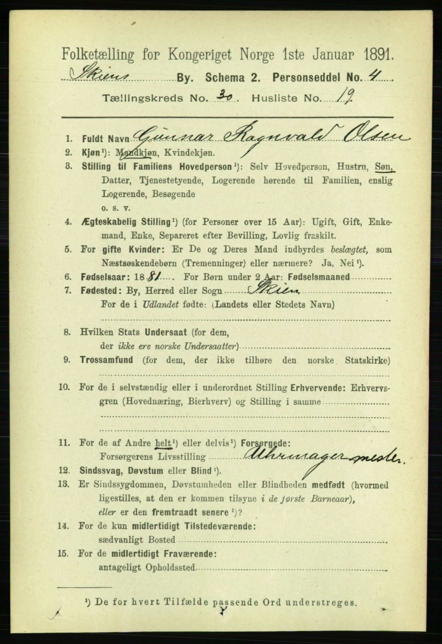 RA, 1891 census for 0806 Skien, 1891, p. 7033