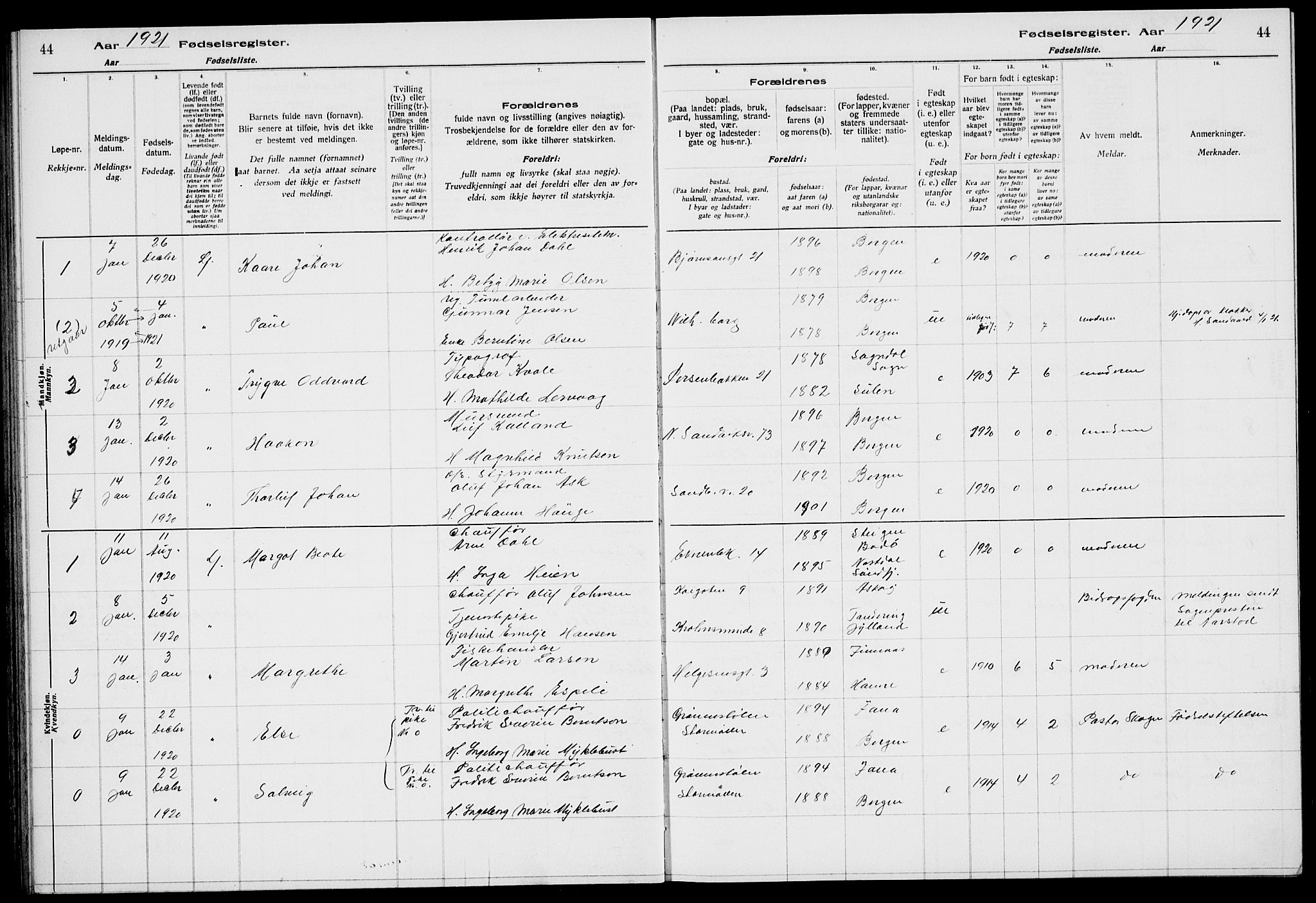 Sandviken Sokneprestembete, AV/SAB-A-77601/I/Ib/L00A2: Birth register no. A 2, 1920-1923, p. 44