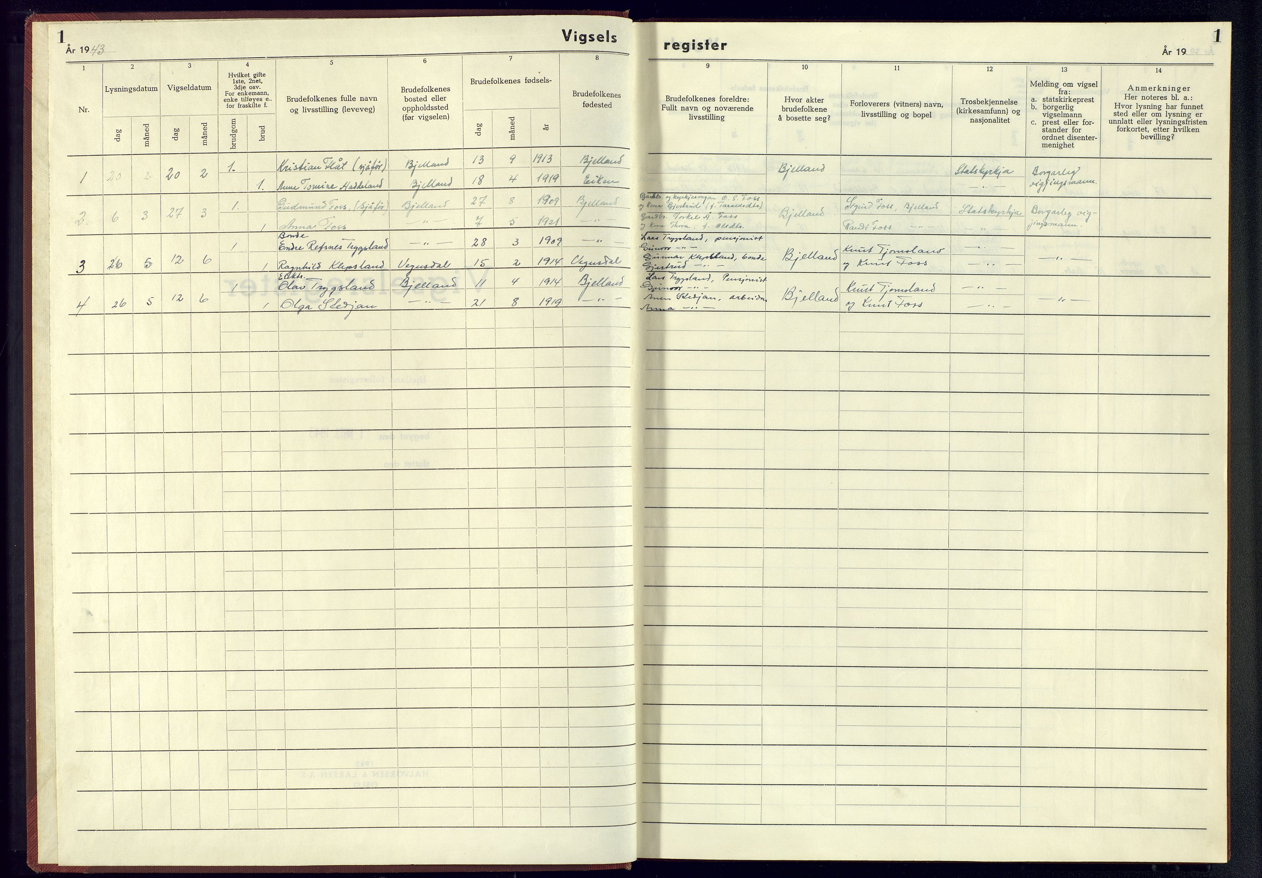 Bjelland sokneprestkontor, SAK/1111-0005/J/Jb/L0003: Marriage register no. II.6.3, 1943-1945, p. 1