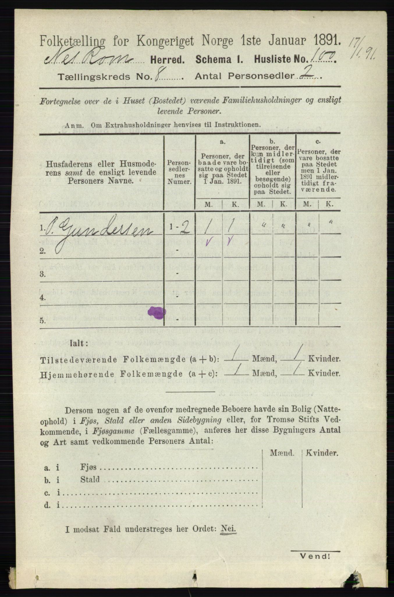 RA, 1891 census for 0236 Nes, 1891, p. 4580