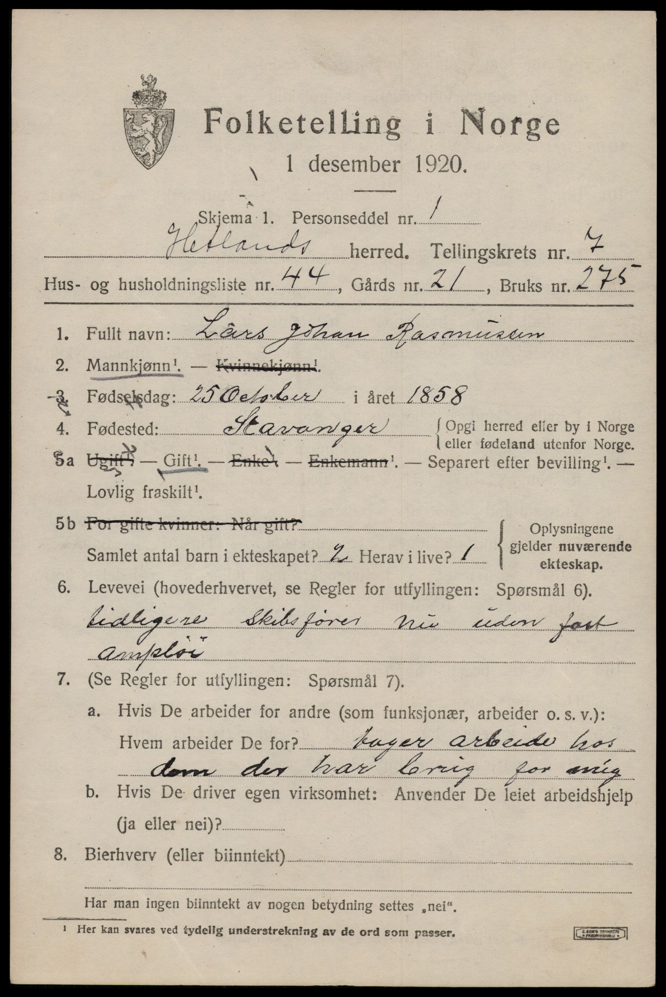 SAST, 1920 census for Hetland, 1920, p. 14455