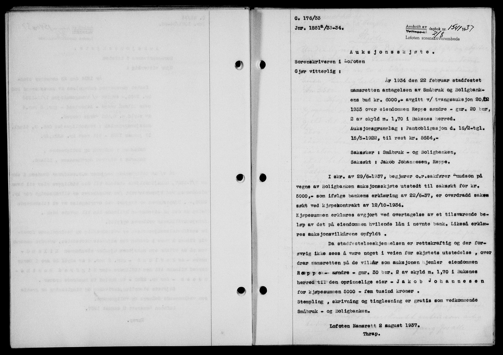 Lofoten sorenskriveri, SAT/A-0017/1/2/2C/L0002a: Mortgage book no. 2a, 1937-1937, Diary no: : 1541/1937
