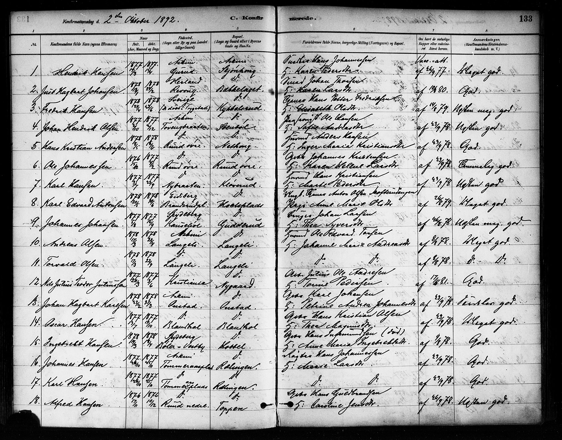 Askim prestekontor Kirkebøker, SAO/A-10900/F/Fa/L0007: Parish register (official) no. 7, 1882-1897, p. 133