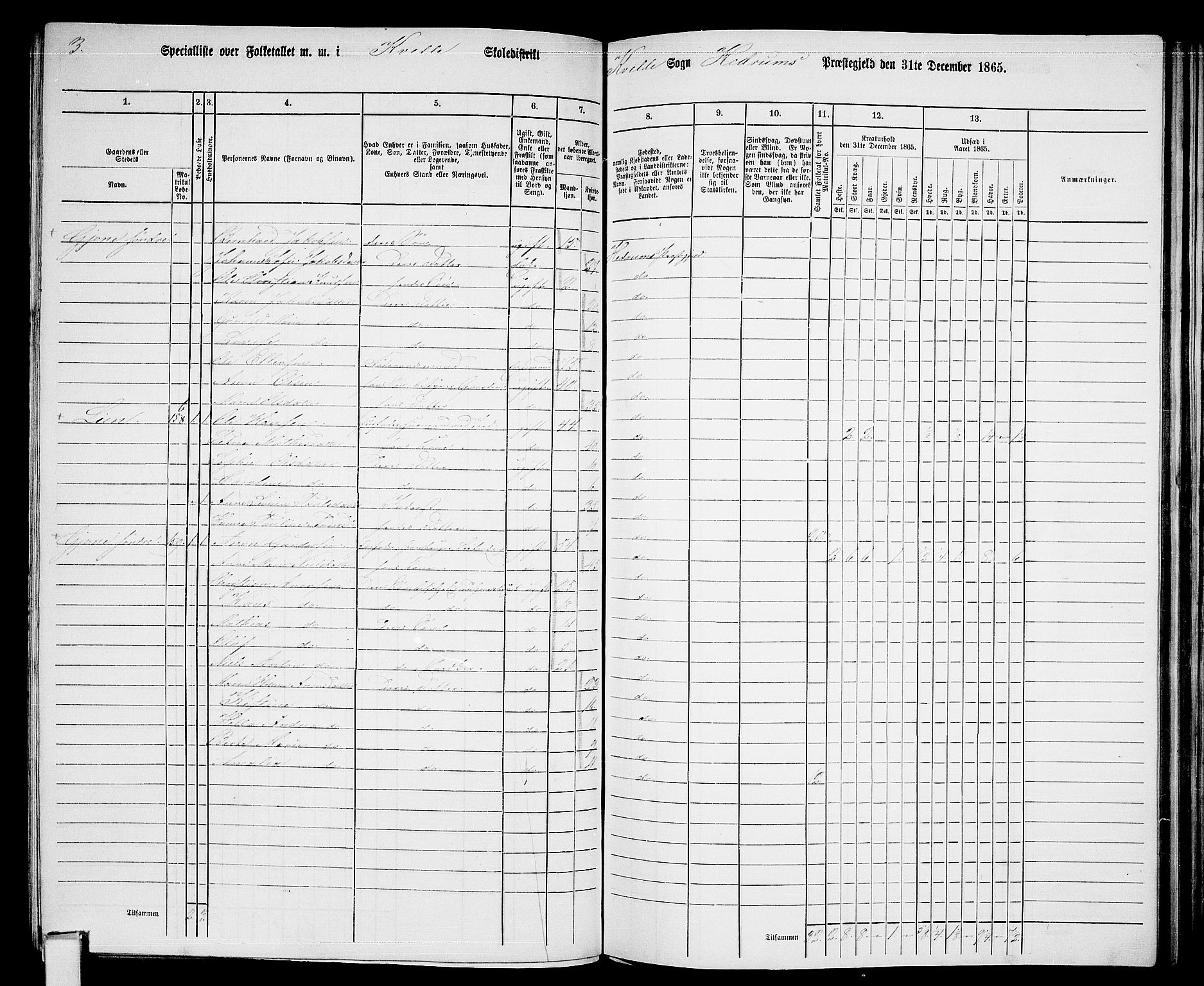 RA, 1865 census for Hedrum, 1865, p. 126