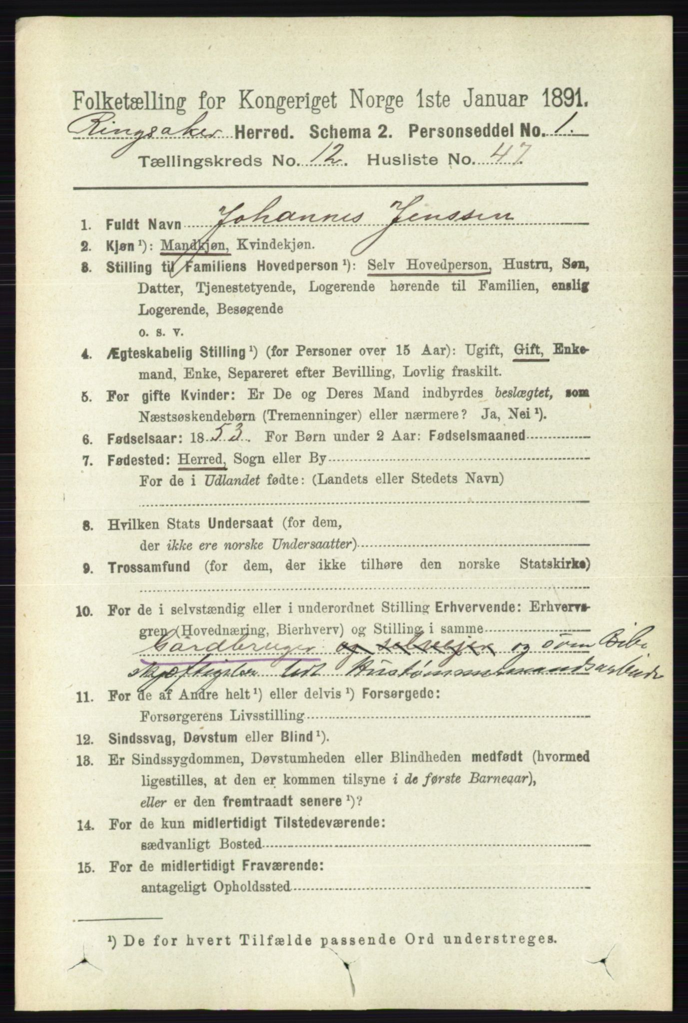 RA, 1891 census for 0412 Ringsaker, 1891, p. 7016