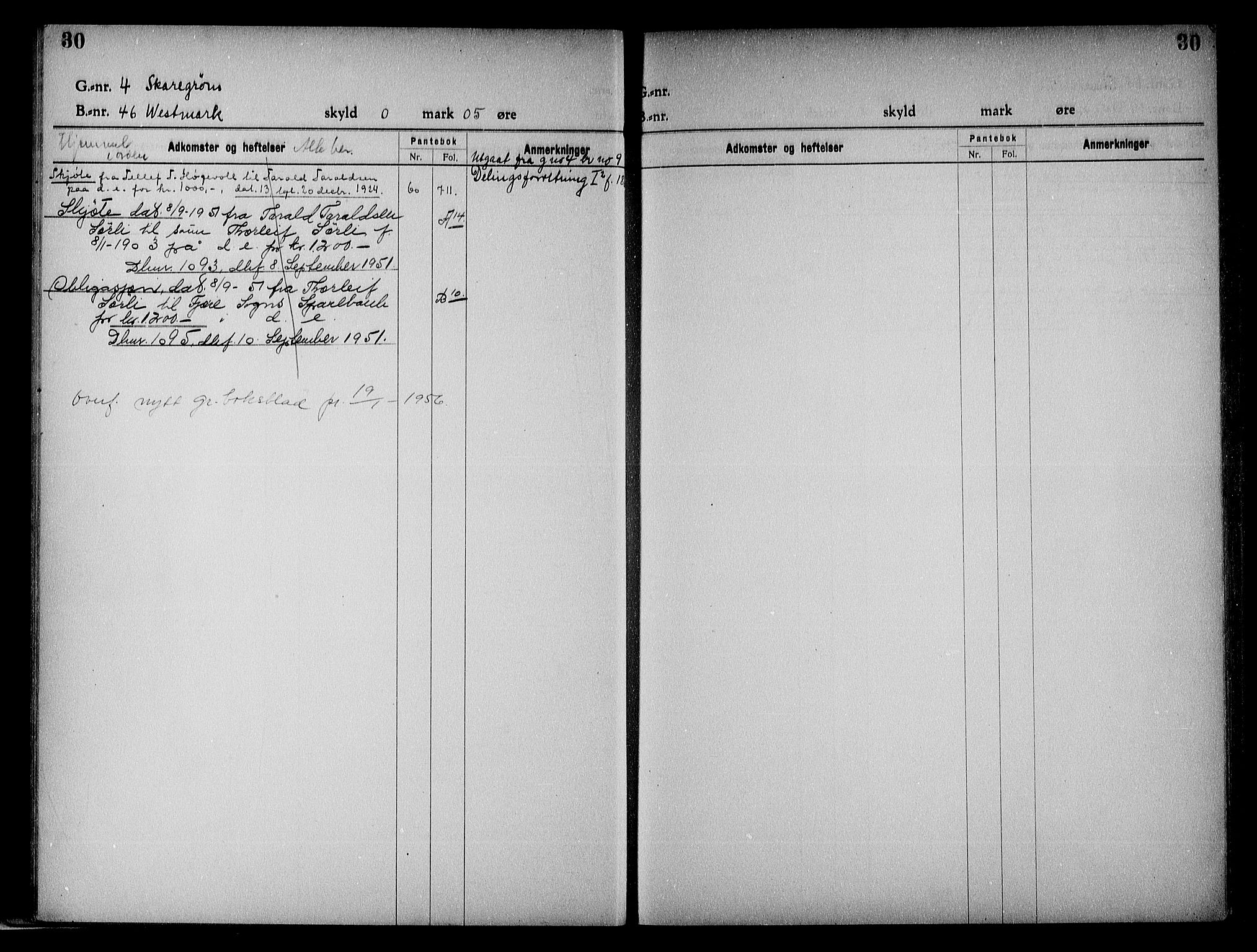 Vestre Nedenes/Sand sorenskriveri, SAK/1221-0010/G/Ga/L0023: Mortgage register no. 16, 1923-1957, p. 30