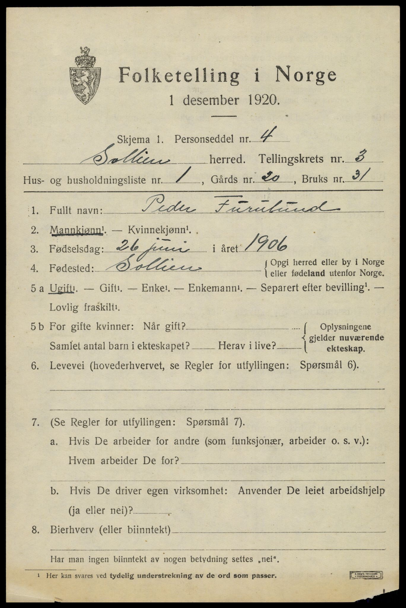 SAH, 1920 census for Sollia, 1920, p. 679