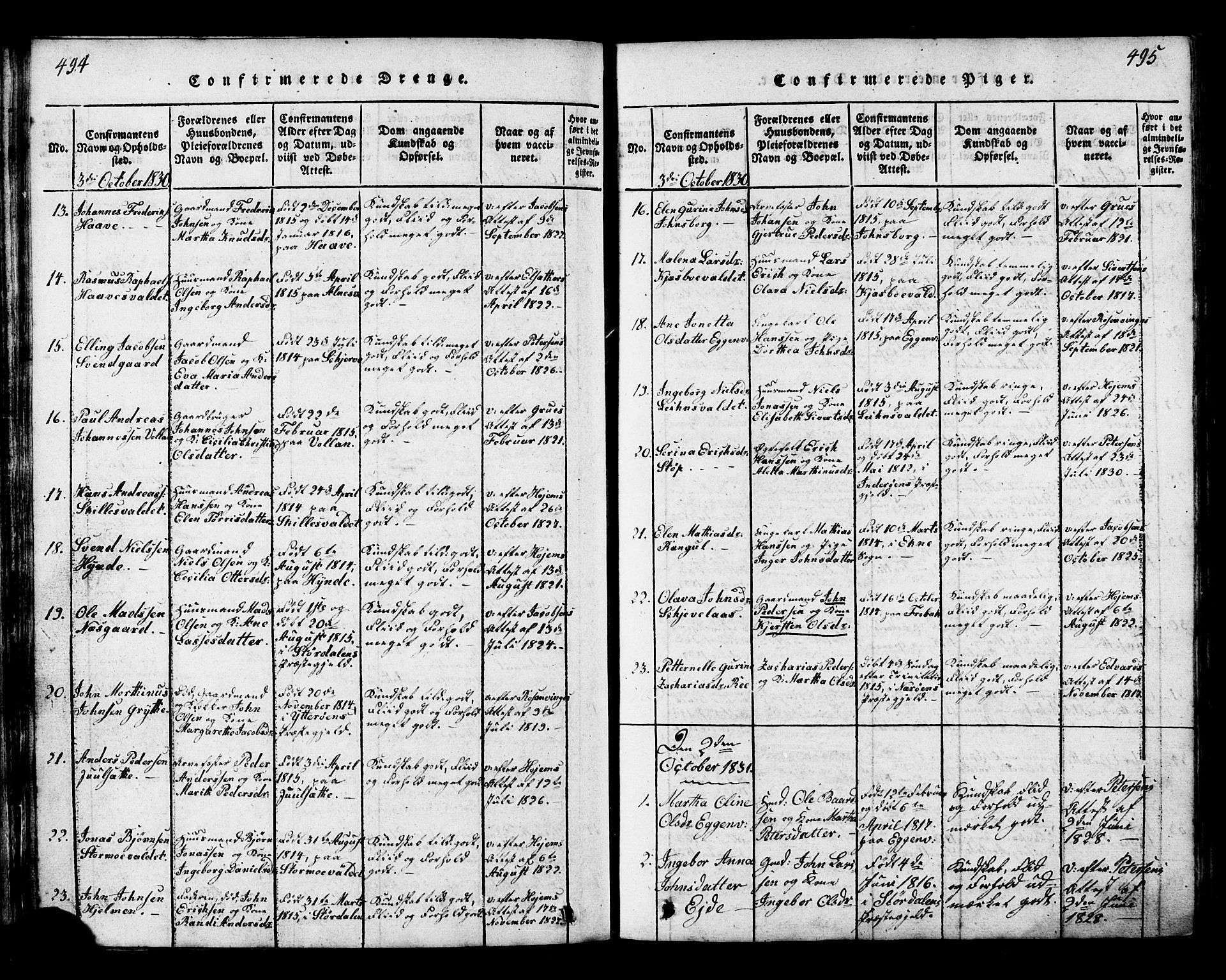 Ministerialprotokoller, klokkerbøker og fødselsregistre - Nord-Trøndelag, SAT/A-1458/717/L0169: Parish register (copy) no. 717C01, 1816-1834, p. 494-495