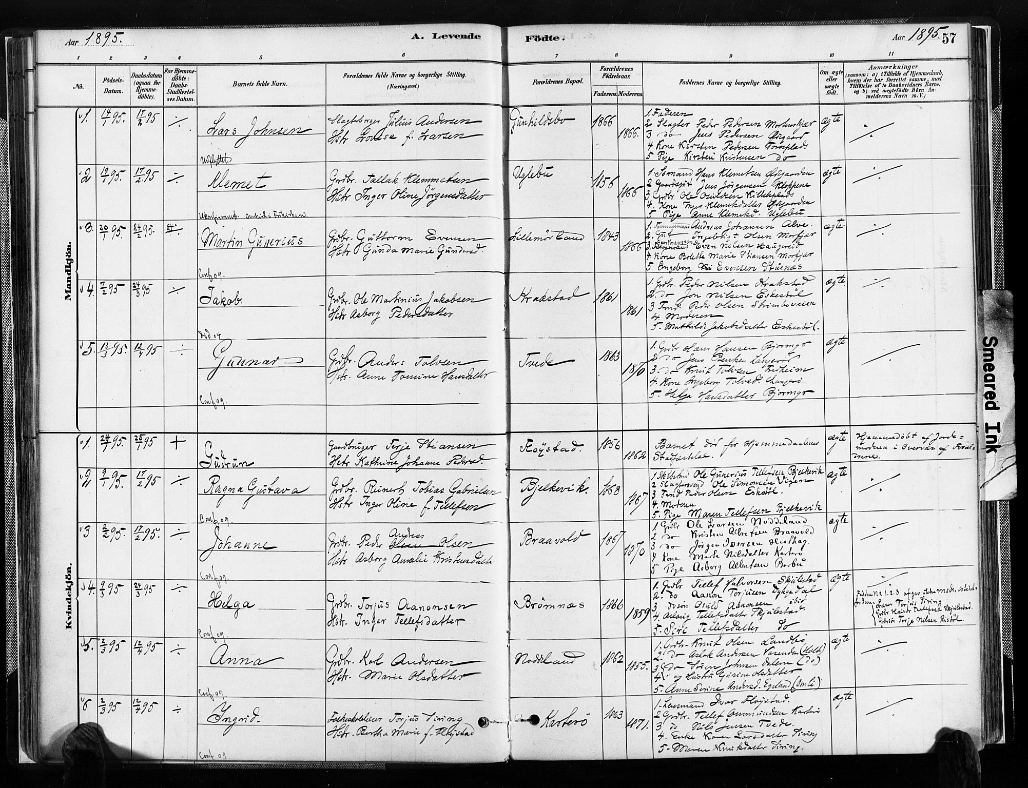 Austre Moland sokneprestkontor, SAK/1111-0001/F/Fa/Faa/L0010: Parish register (official) no. A 10, 1880-1904, p. 57