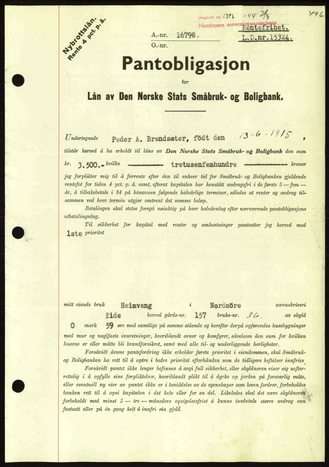 Nordmøre sorenskriveri, AV/SAT-A-4132/1/2/2Ca: Mortgage book no. B92, 1944-1945, Diary no: : 1313/1944