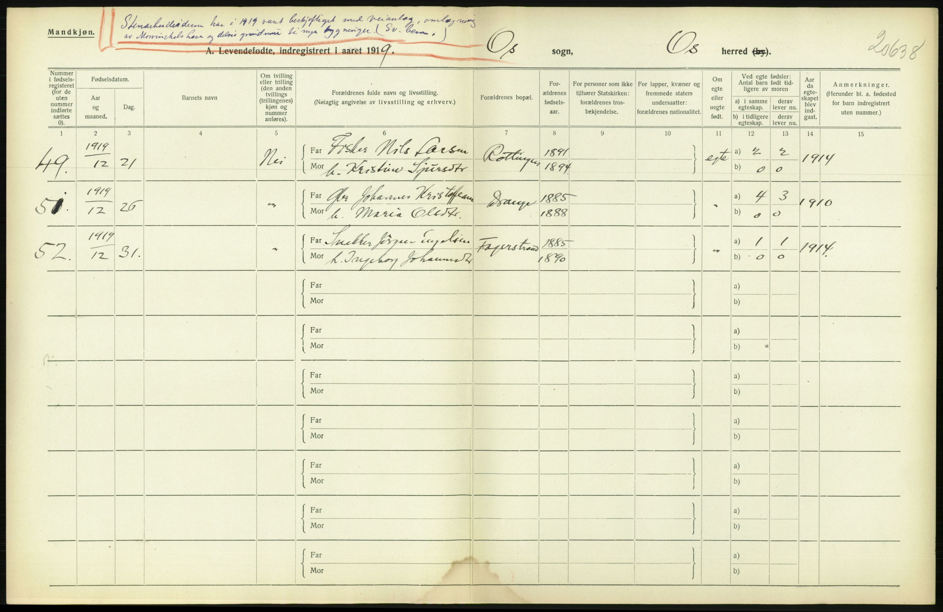 Statistisk sentralbyrå, Sosiodemografiske emner, Befolkning, RA/S-2228/D/Df/Dfb/Dfbi/L0031: Hordaland fylke: Levendefødte menn og kvinner. Bygder., 1919, p. 122