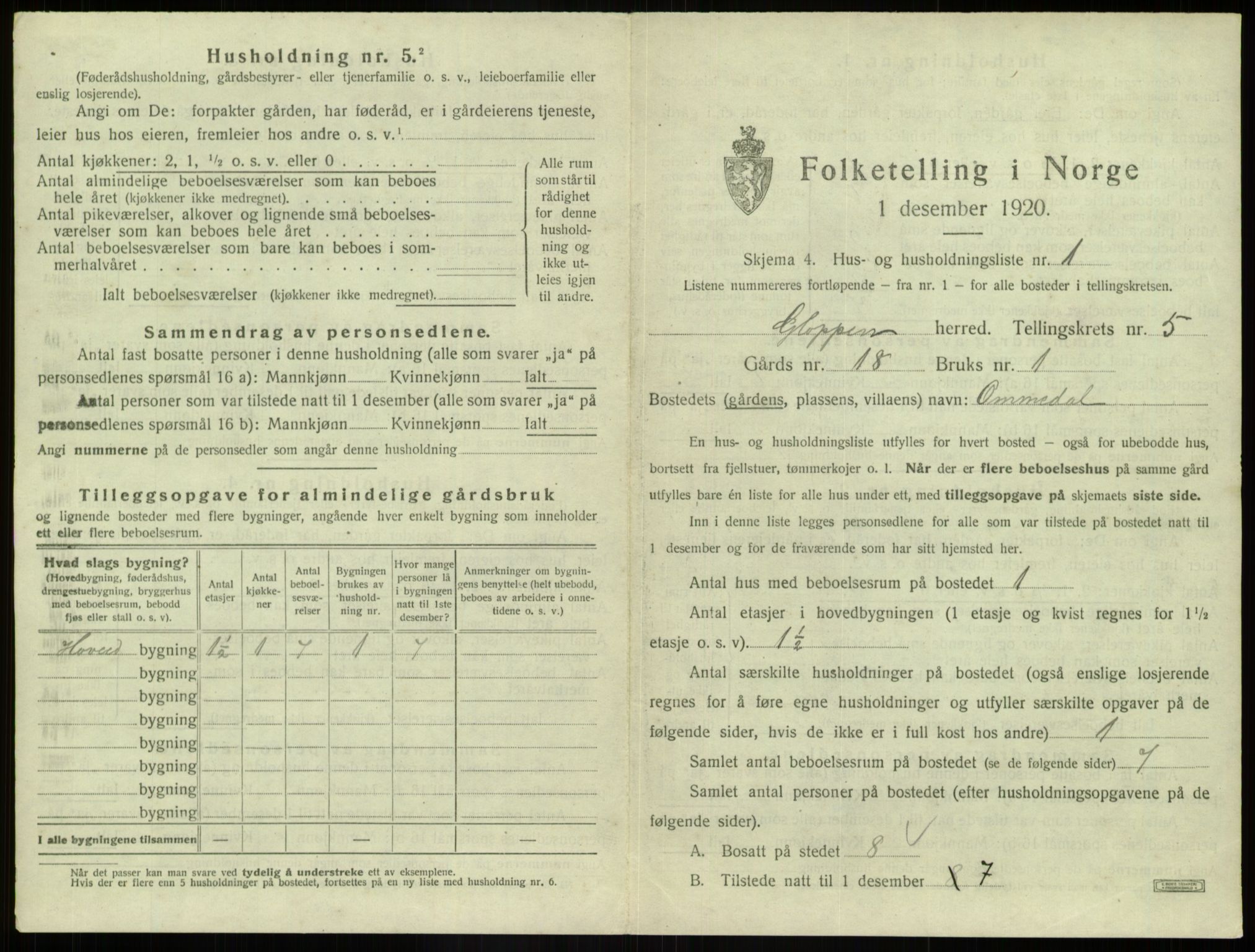 SAB, 1920 census for Gloppen, 1920, p. 393