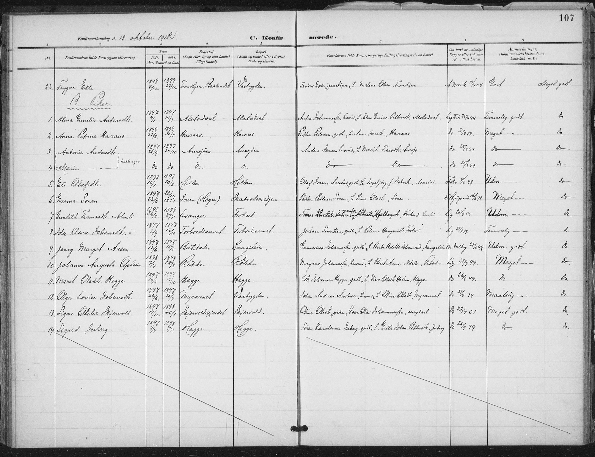 Ministerialprotokoller, klokkerbøker og fødselsregistre - Nord-Trøndelag, AV/SAT-A-1458/712/L0101: Parish register (official) no. 712A02, 1901-1916, p. 107