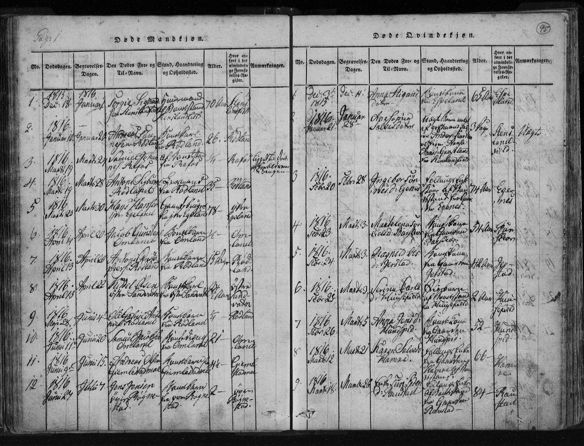 Kvinesdal sokneprestkontor, SAK/1111-0026/F/Fa/Fab/L0003: Parish register (official) no. A 3, 1815-1829, p. 95
