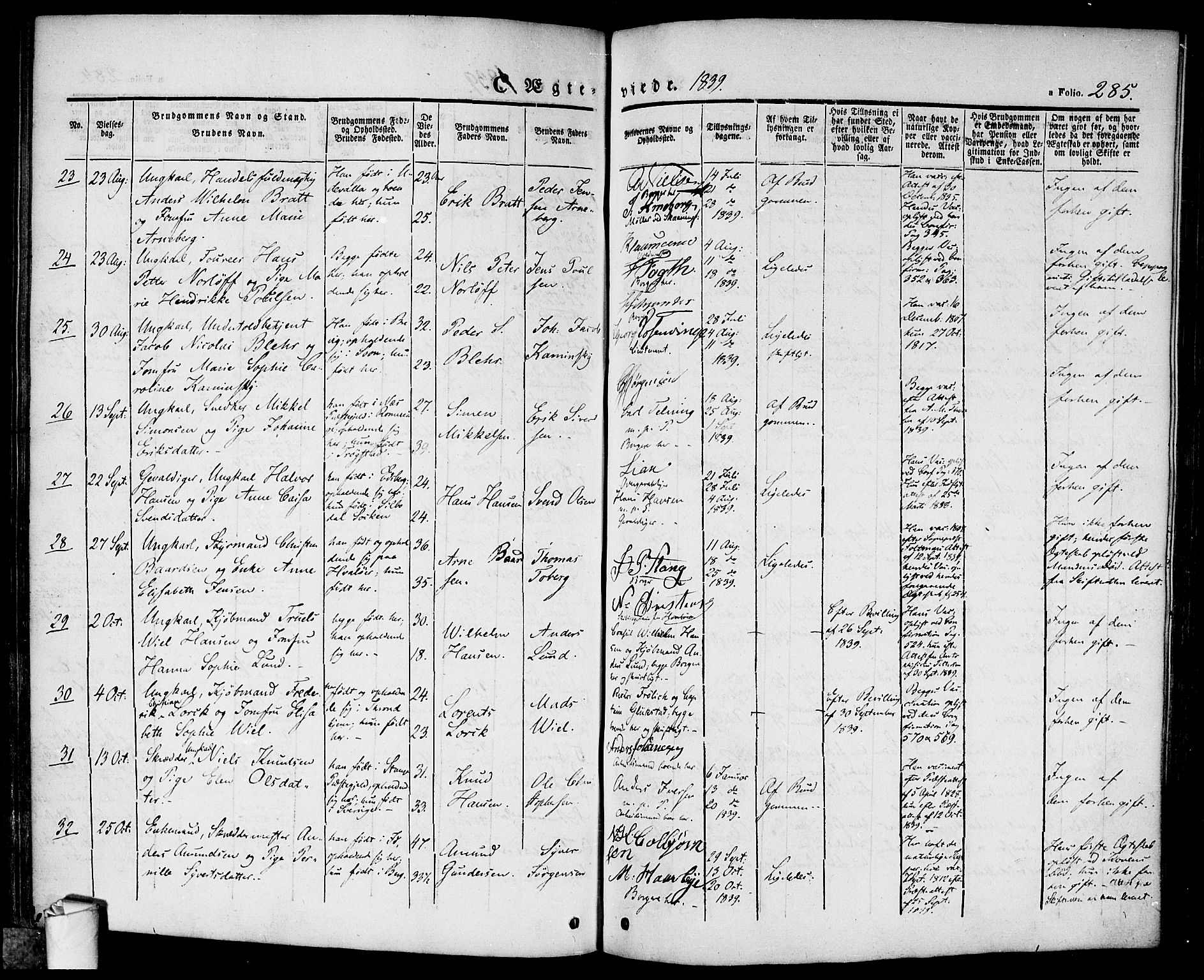 Halden prestekontor Kirkebøker, SAO/A-10909/F/Fa/L0005: Parish register (official) no. I 5, 1834-1845, p. 285