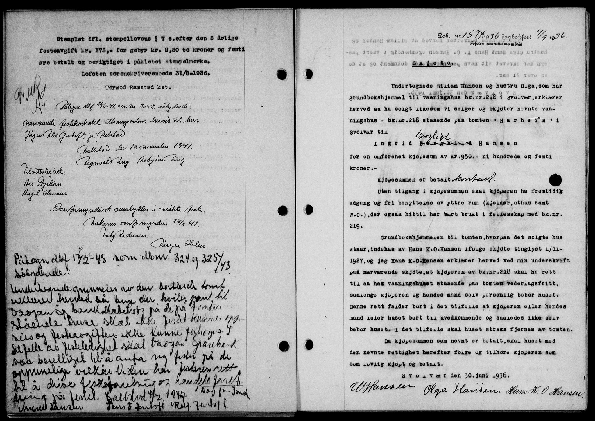 Lofoten sorenskriveri, SAT/A-0017/1/2/2C/L0001a: Mortgage book no. 1a, 1936-1937, Diary no: : 1574/1936