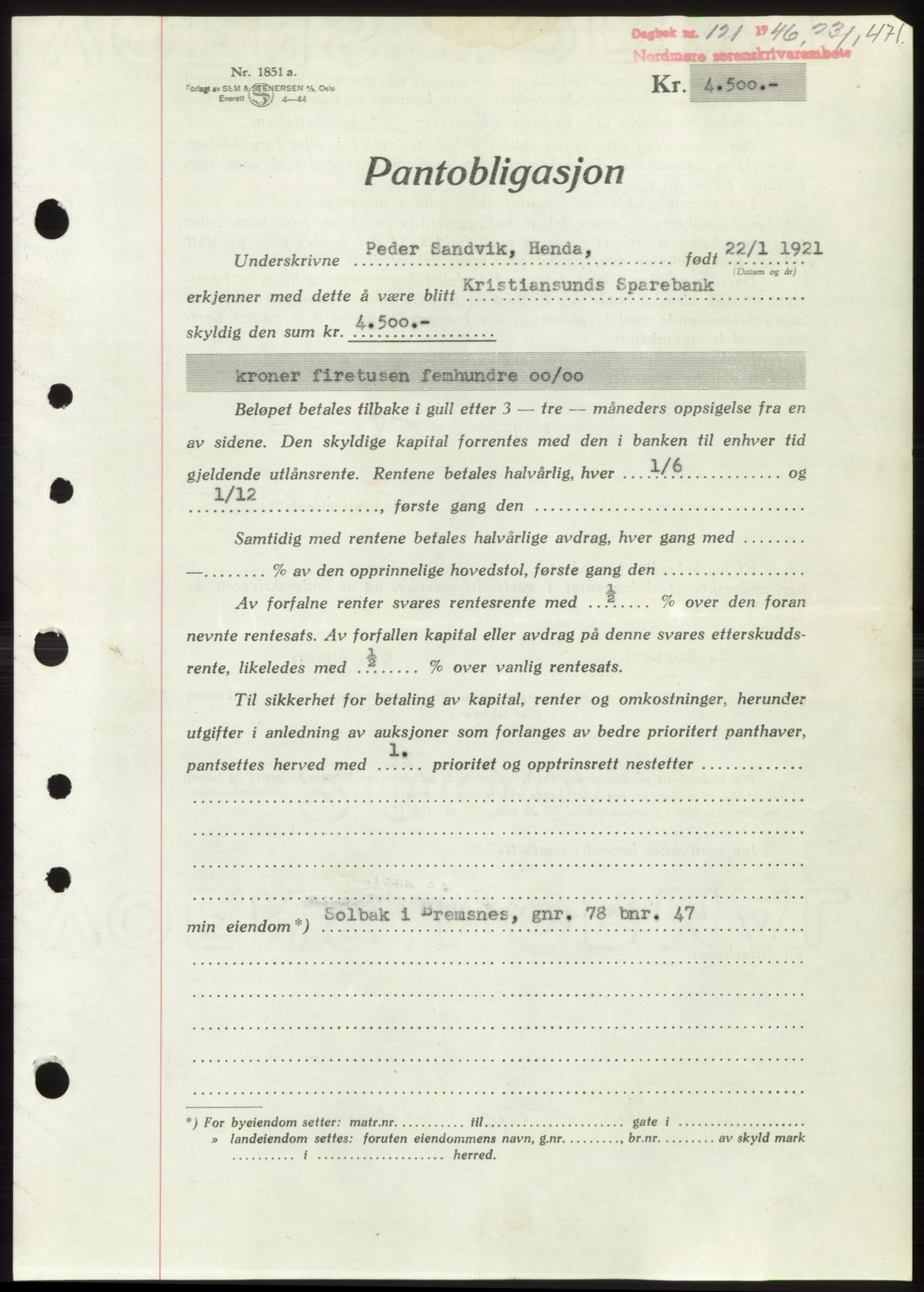 Nordmøre sorenskriveri, AV/SAT-A-4132/1/2/2Ca: Mortgage book no. B93b, 1946-1946, Diary no: : 121/1946