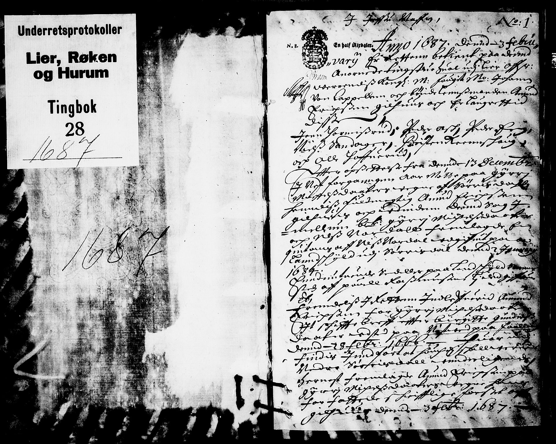 Lier, Røyken og Hurum sorenskriveri, AV/SAKO-A-89/F/Fa/L0028: Tingbok, 1687, p. 1a