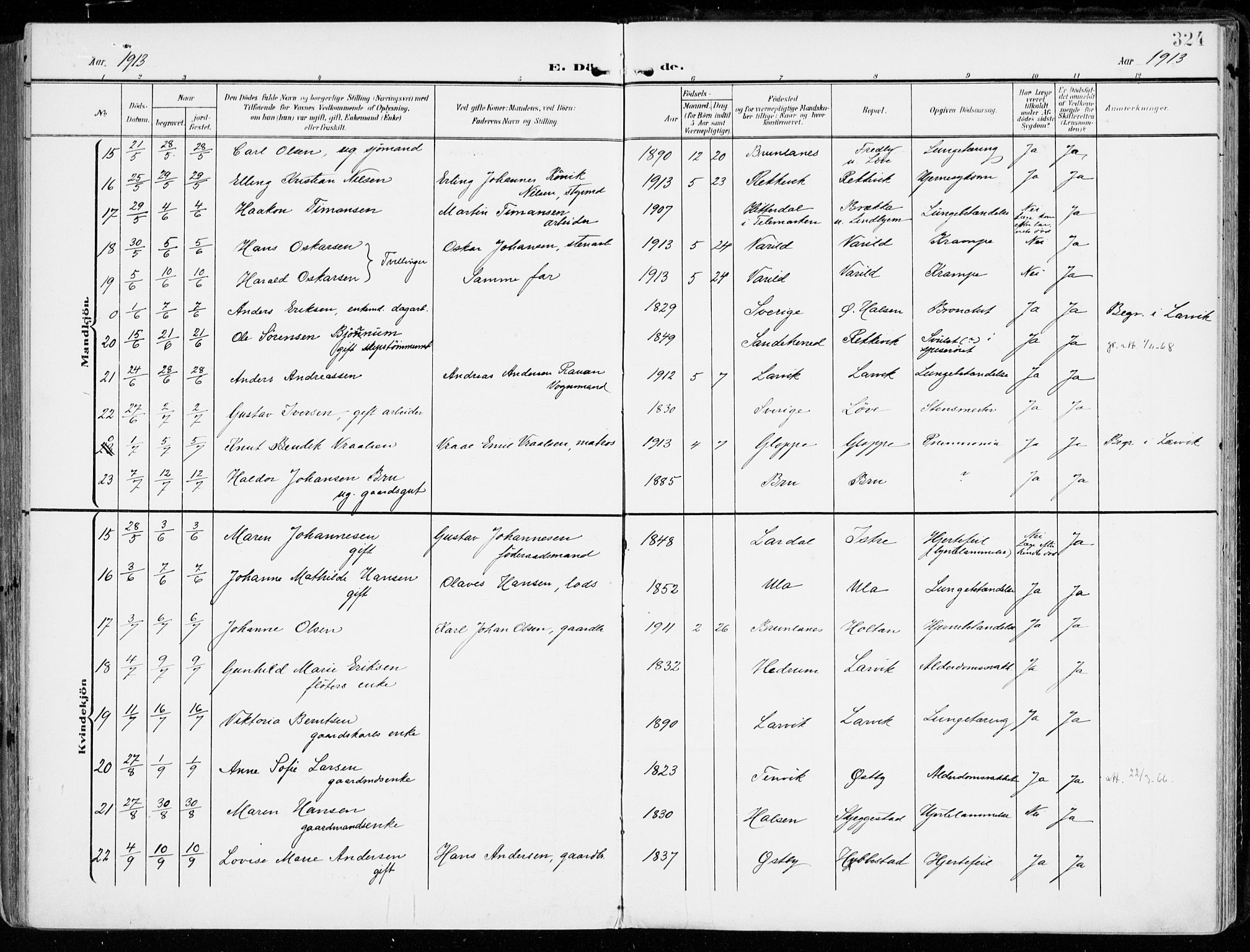 Tjølling kirkebøker, AV/SAKO-A-60/F/Fa/L0010: Parish register (official) no. 10, 1906-1923, p. 324