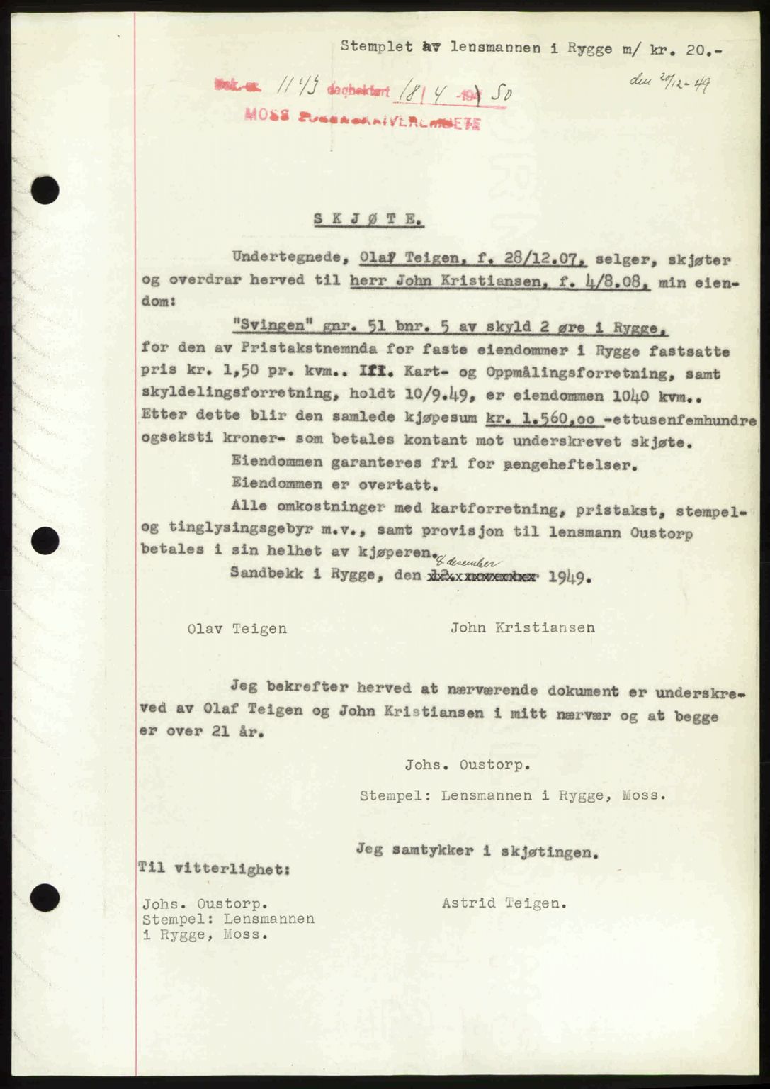 Moss sorenskriveri, SAO/A-10168: Mortgage book no. A25, 1950-1950, Diary no: : 1143/1950