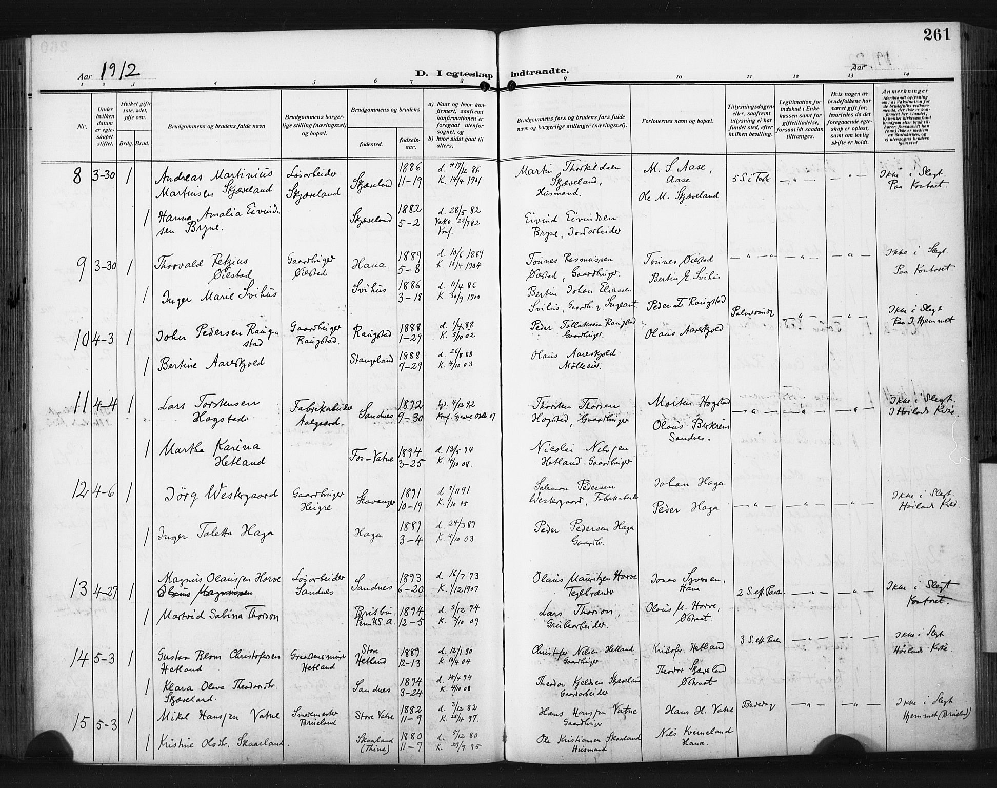 Høyland sokneprestkontor, AV/SAST-A-101799/001/30BA/L0017: Parish register (official) no. A 15, 1912-1924, p. 261