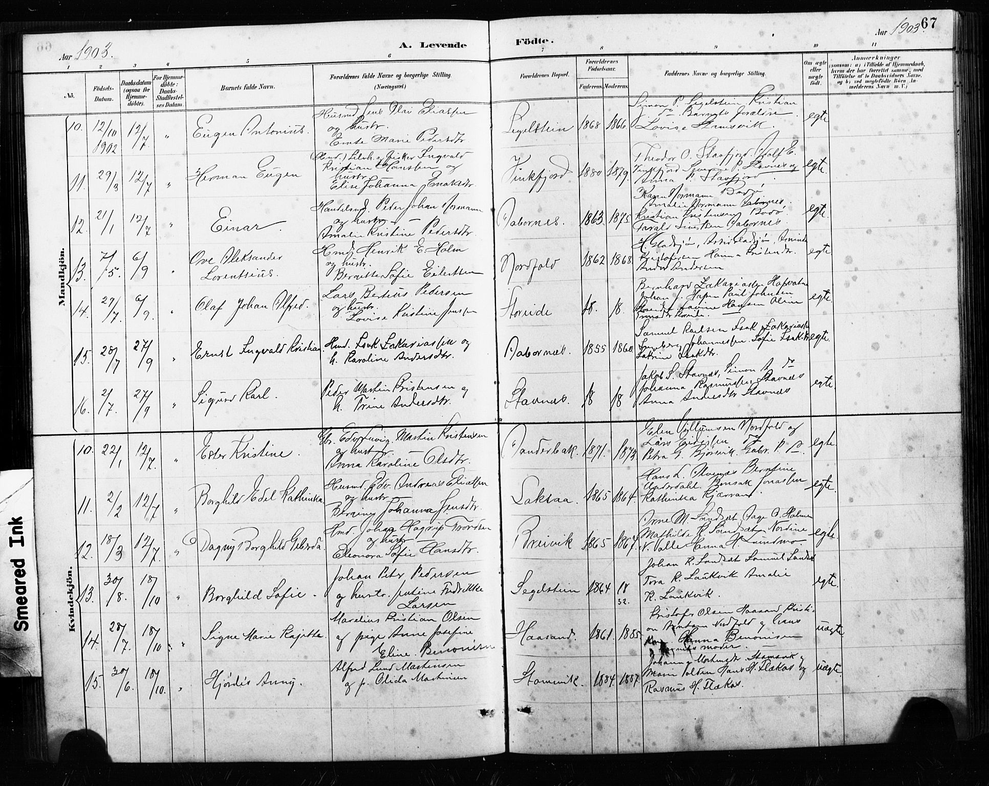 Ministerialprotokoller, klokkerbøker og fødselsregistre - Nordland, AV/SAT-A-1459/858/L0834: Parish register (copy) no. 858C01, 1884-1904, p. 67