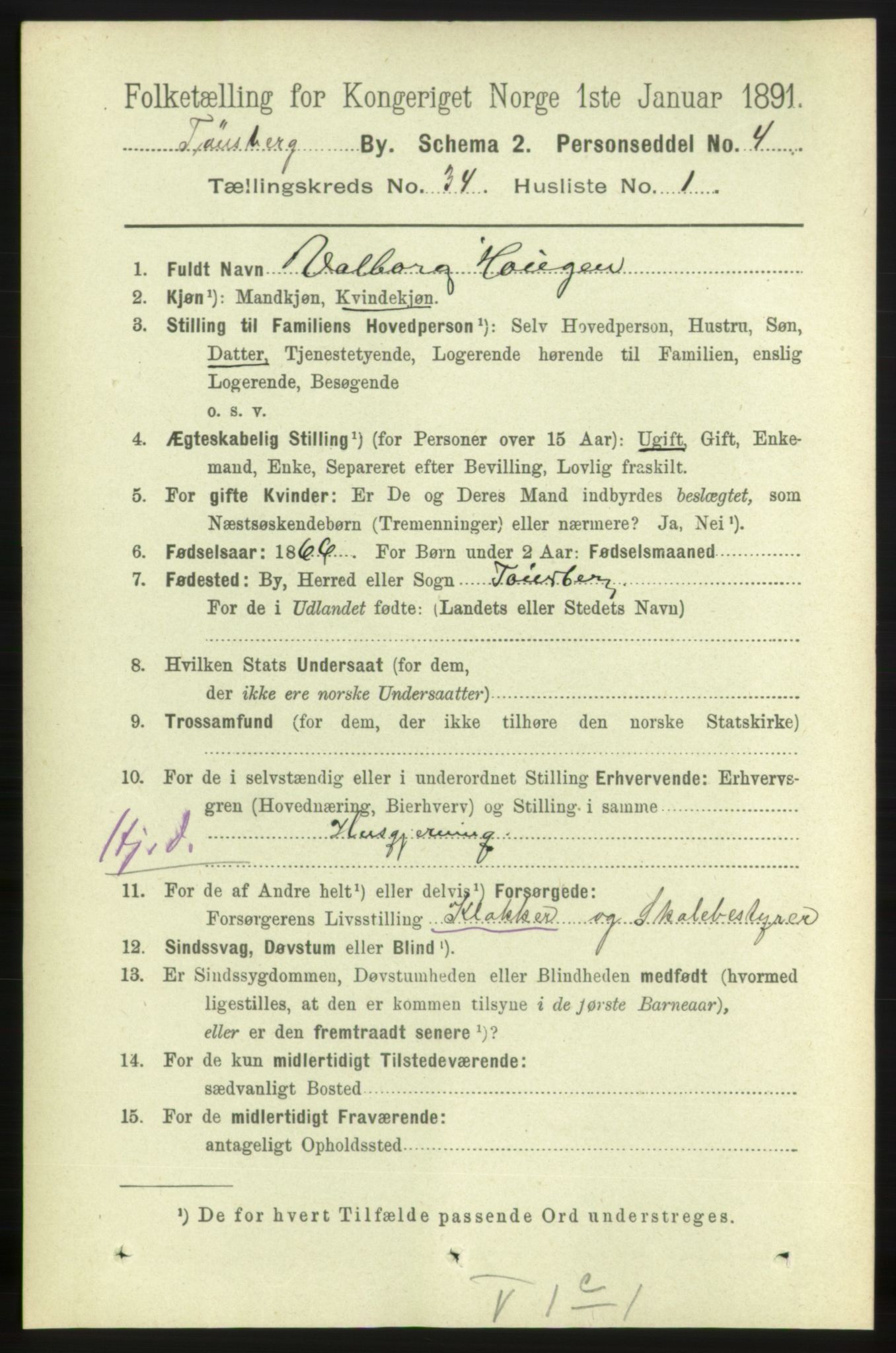 RA, 1891 census for 0705 Tønsberg, 1891, p. 7664