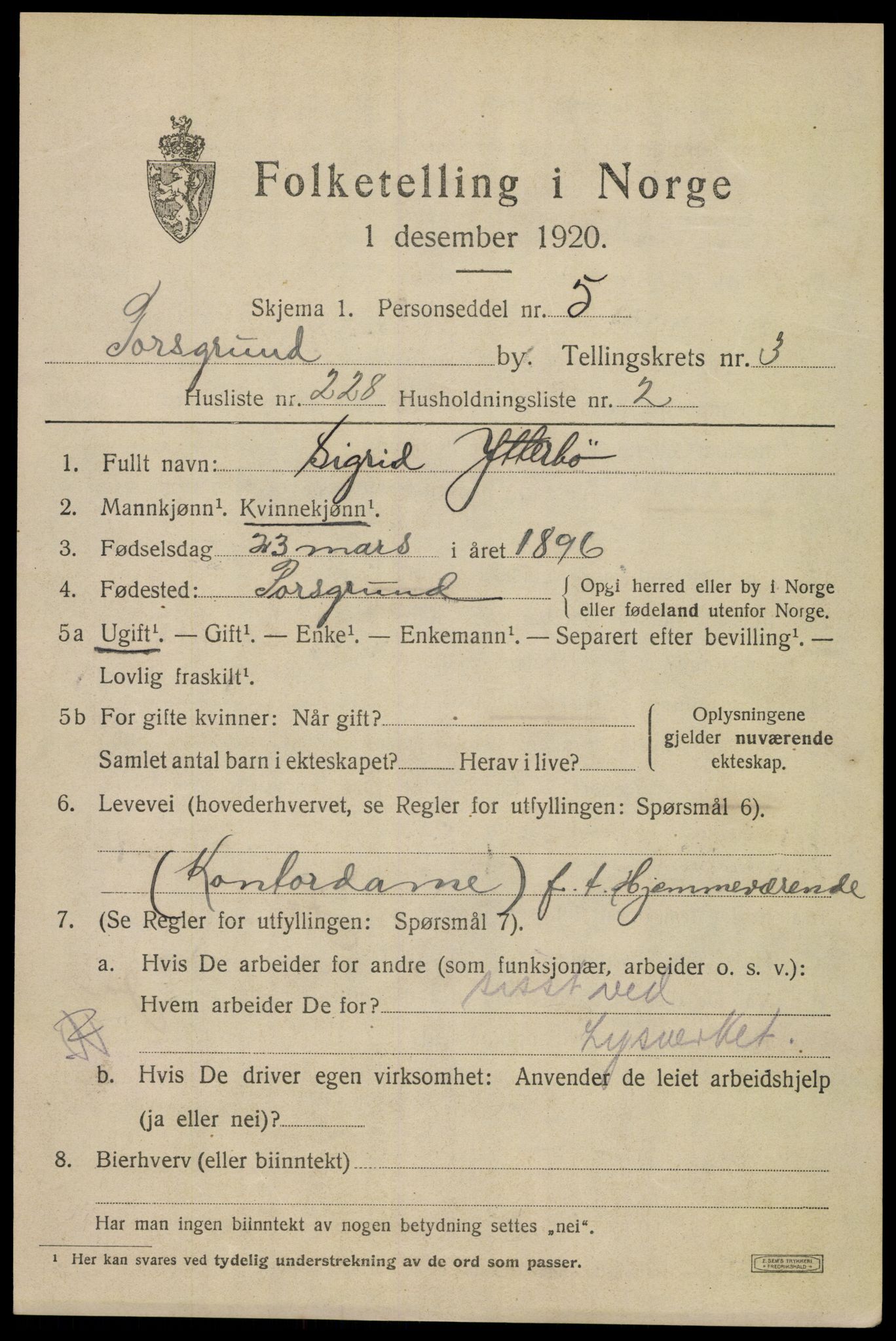 SAKO, 1920 census for Porsgrunn, 1920, p. 17309