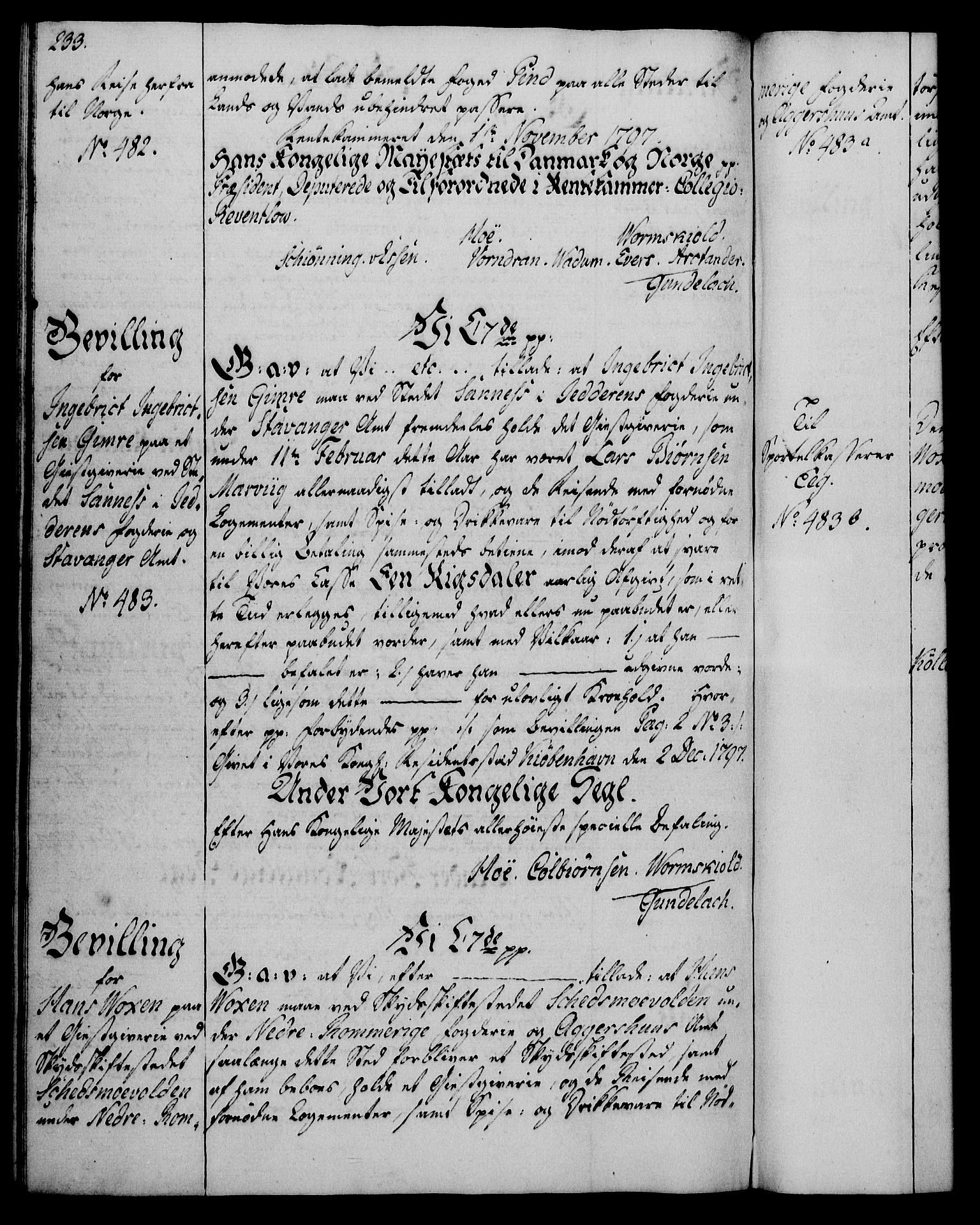 Rentekammeret, Kammerkanselliet, AV/RA-EA-3111/G/Gg/Gga/L0016: Norsk ekspedisjonsprotokoll med register (merket RK 53.16), 1794-1800, p. 233