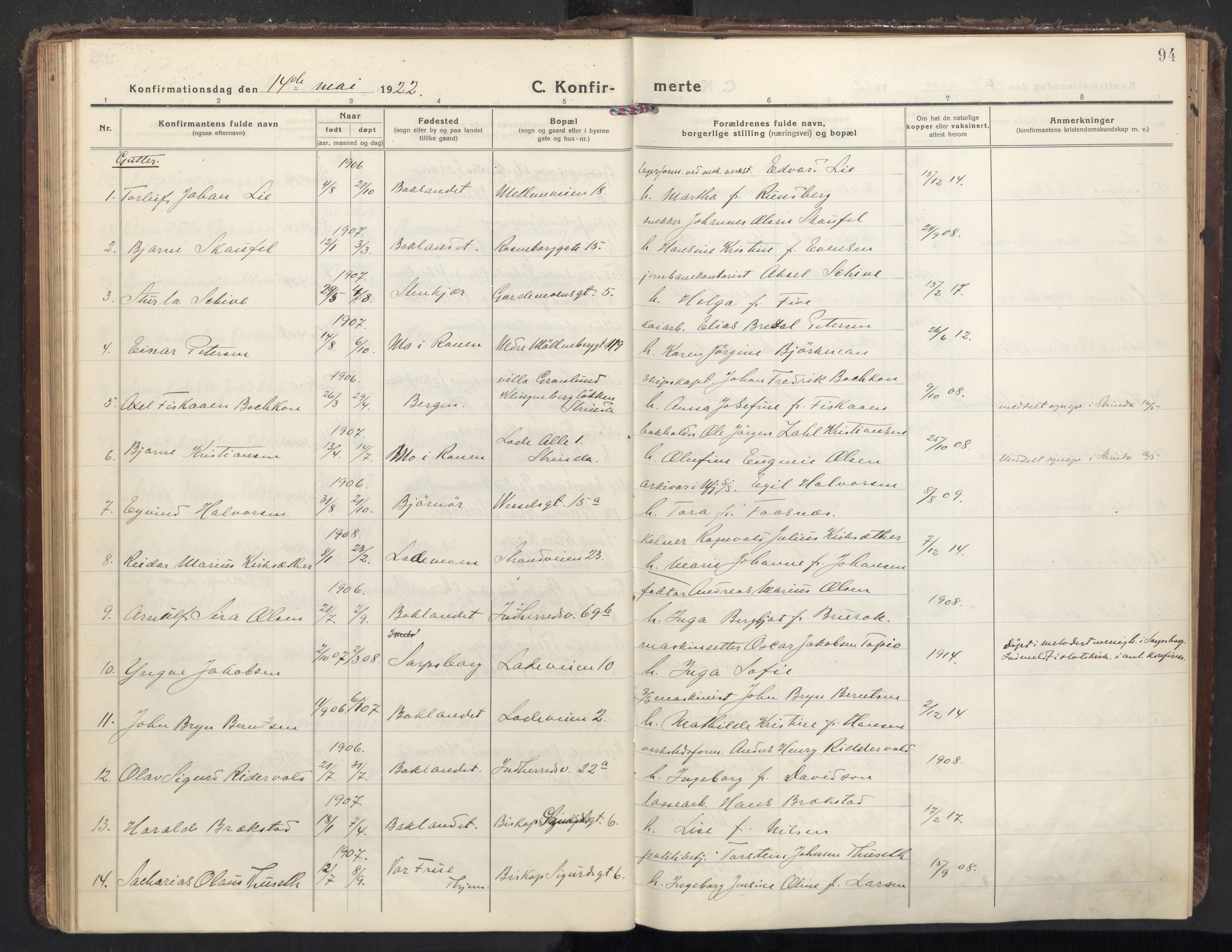 Ministerialprotokoller, klokkerbøker og fødselsregistre - Sør-Trøndelag, SAT/A-1456/605/L0247: Parish register (official) no. 605A09, 1918-1930, p. 94