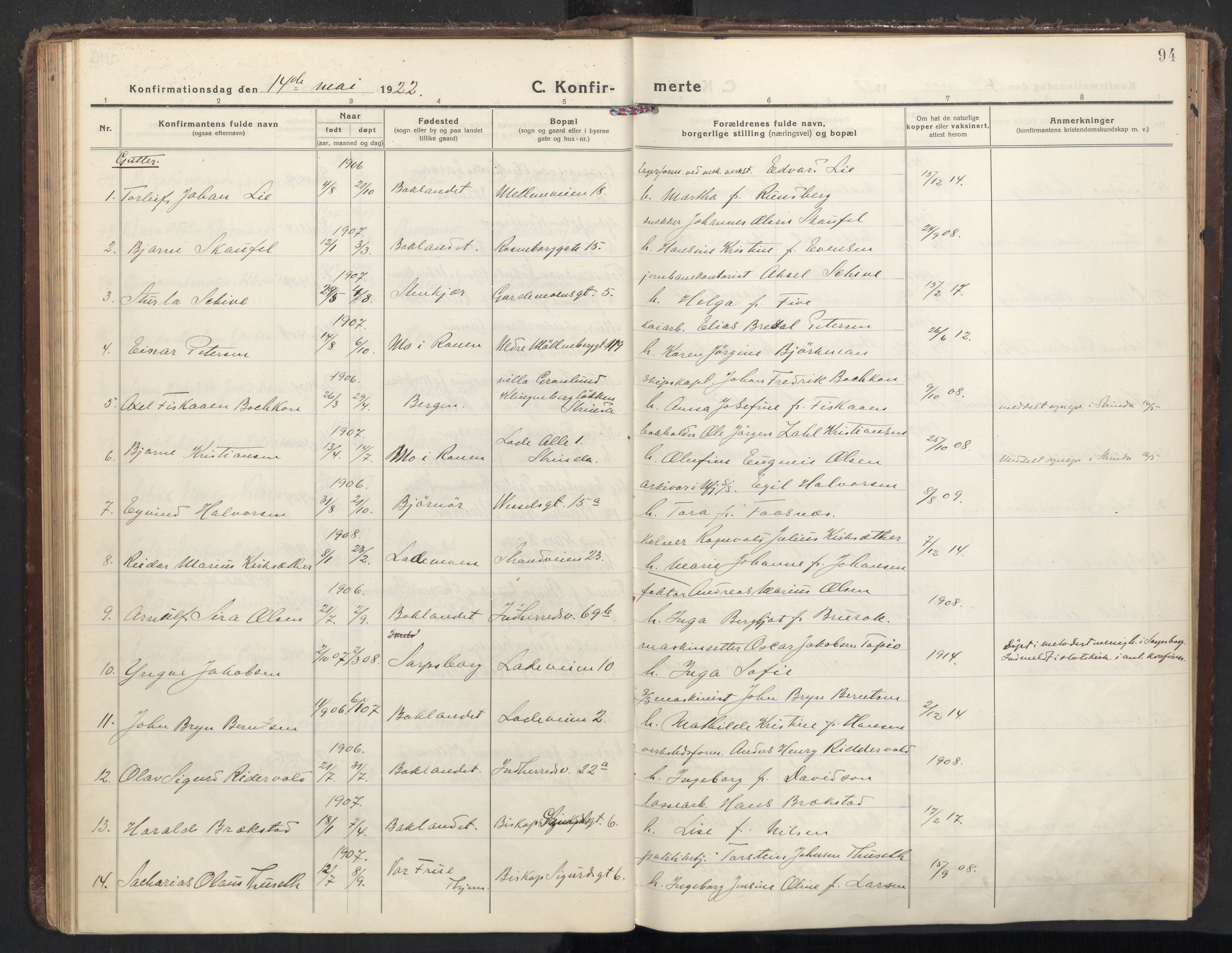 Ministerialprotokoller, klokkerbøker og fødselsregistre - Sør-Trøndelag, AV/SAT-A-1456/605/L0247: Parish register (official) no. 605A09, 1918-1930, p. 94