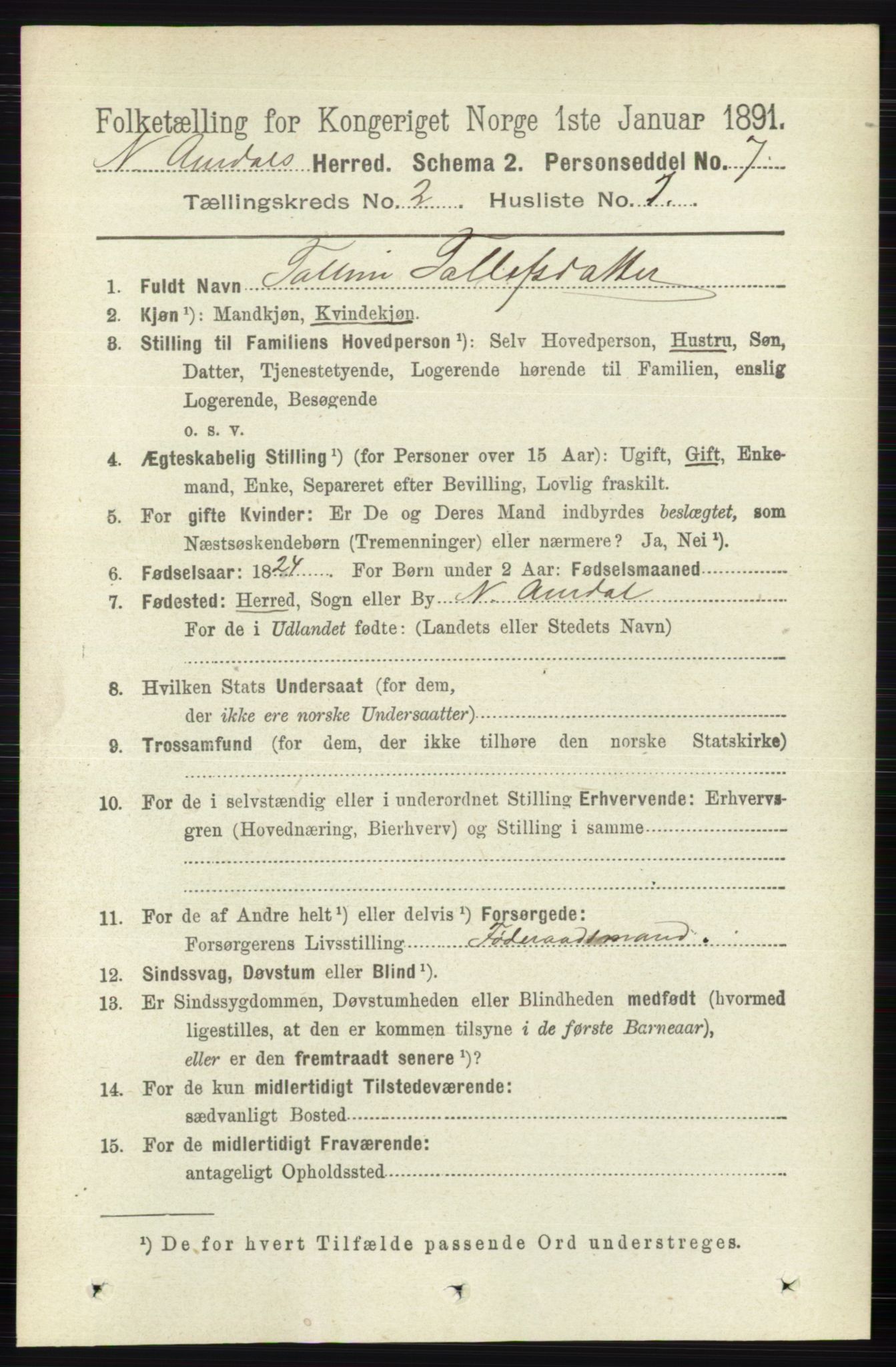 RA, 1891 census for 0542 Nord-Aurdal, 1891, p. 598