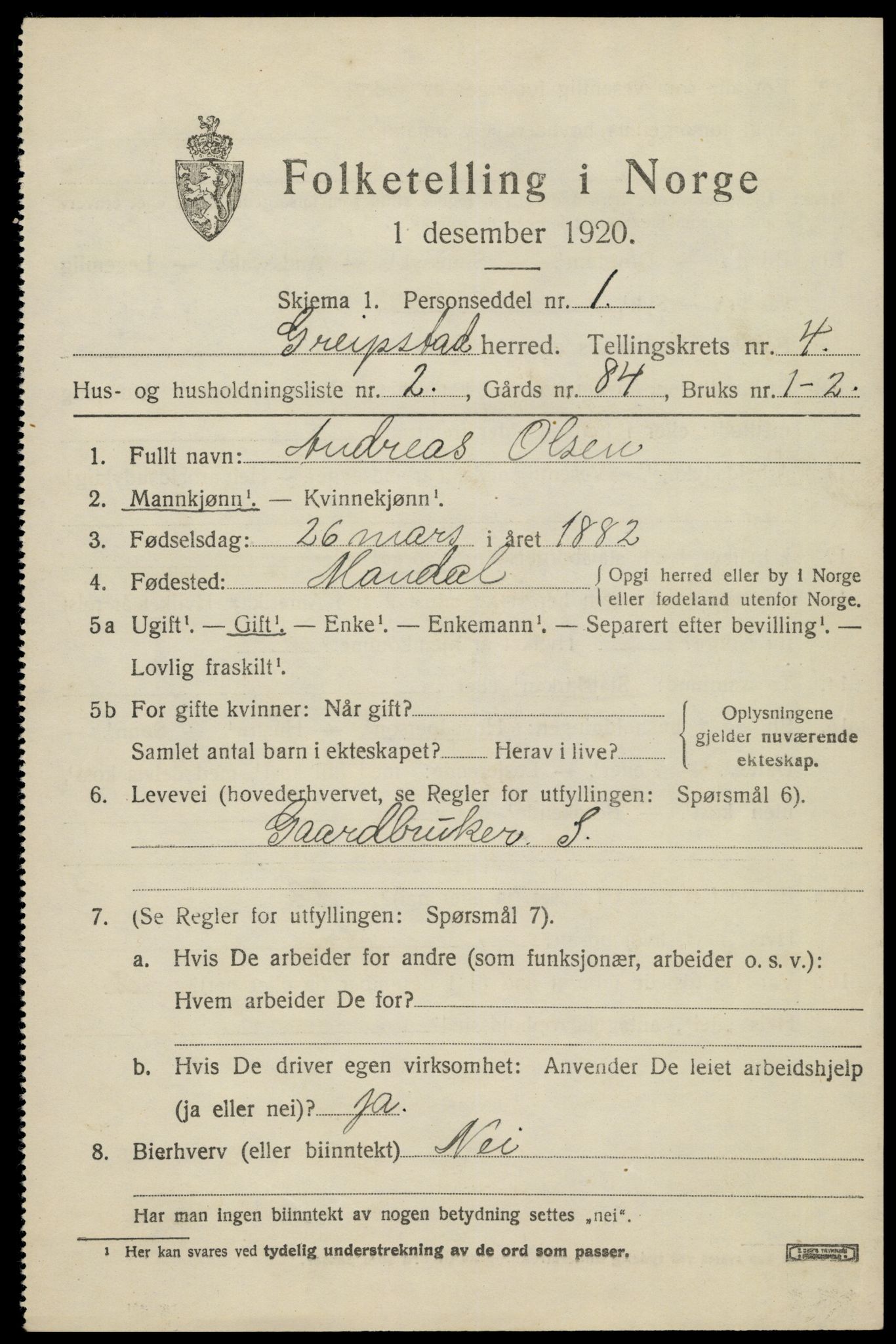 SAK, 1920 census for Greipstad, 1920, p. 1514