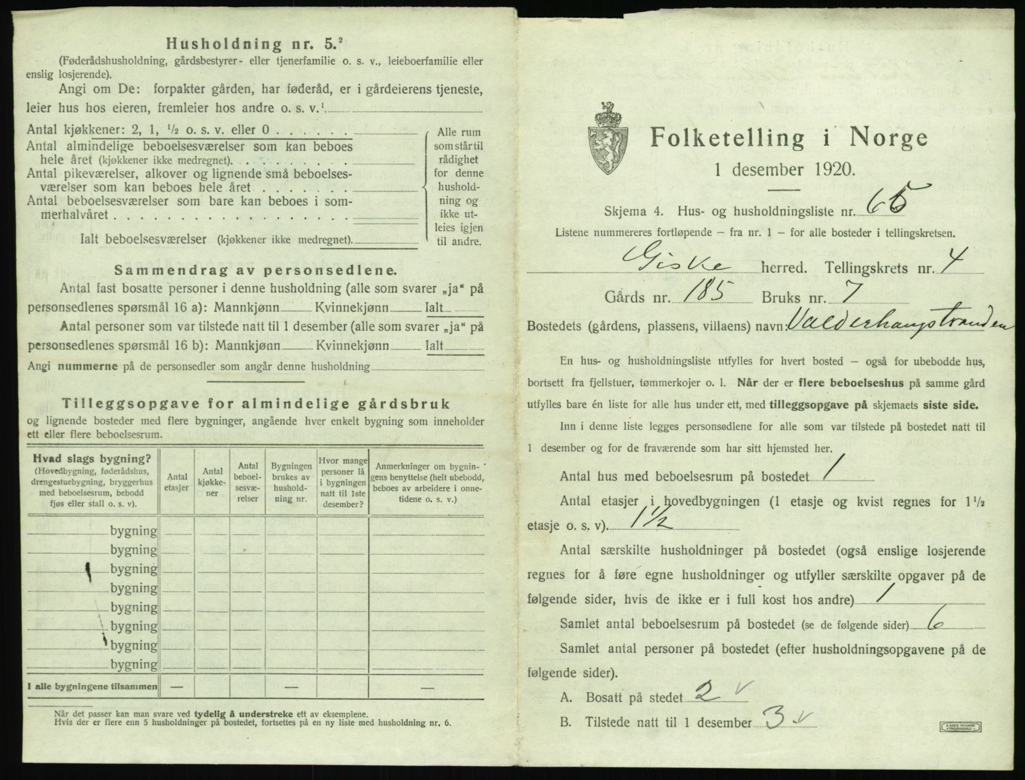 SAT, 1920 census for Giske, 1920, p. 414