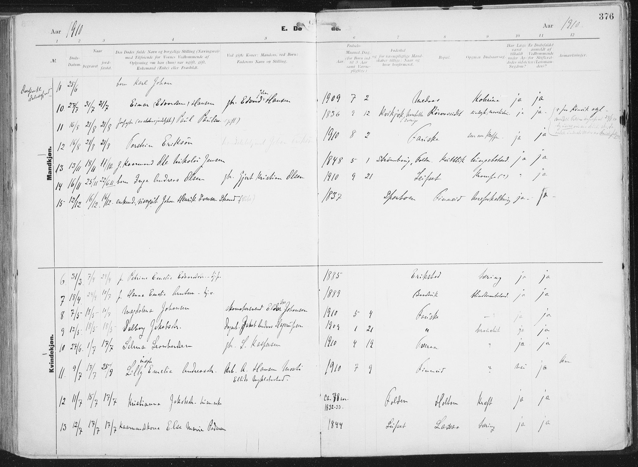 Ministerialprotokoller, klokkerbøker og fødselsregistre - Nordland, AV/SAT-A-1459/849/L0696: Parish register (official) no. 849A08, 1898-1910, p. 376