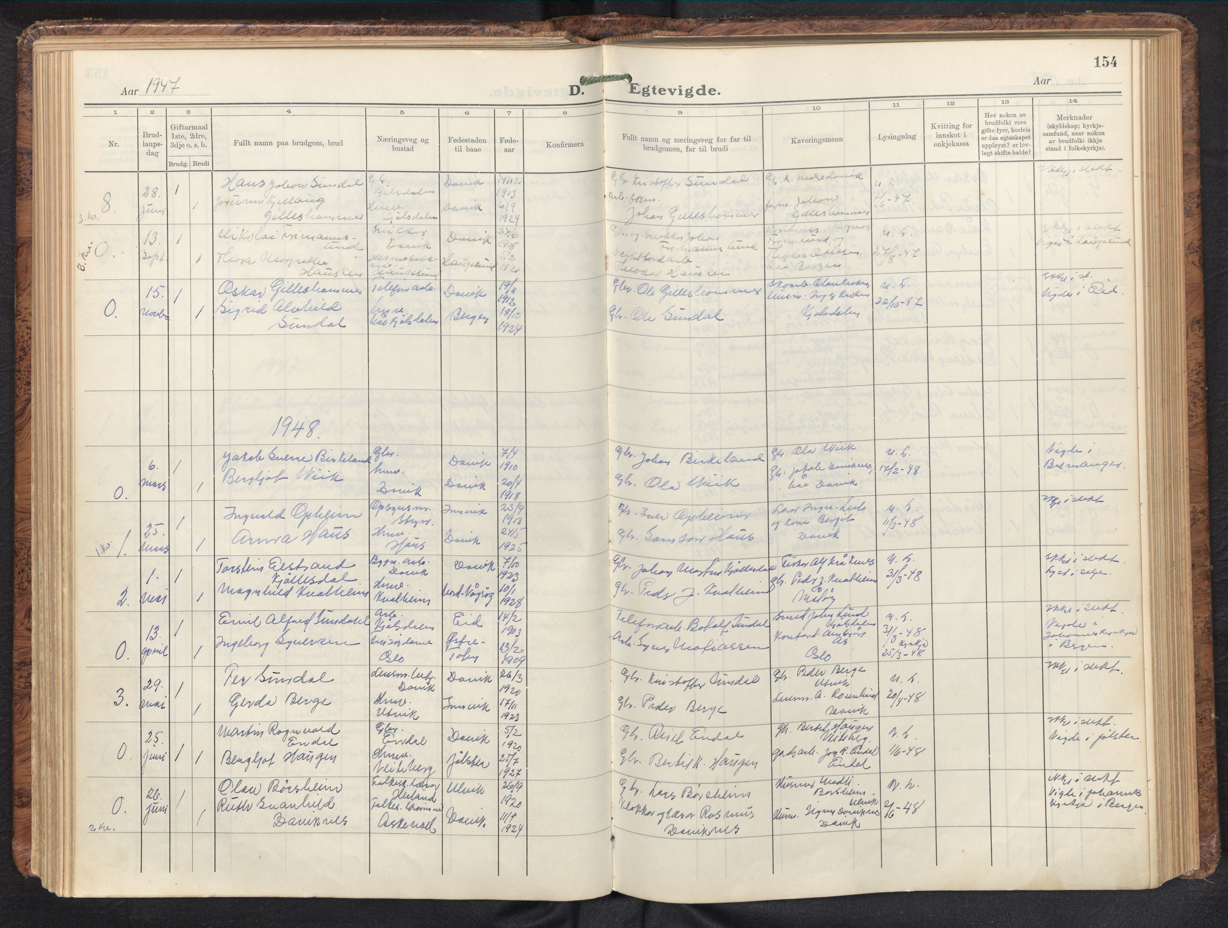 Davik sokneprestembete, AV/SAB-A-79701/H/Haa/Haab/L0003: Parish register (official) no. B 3, 1935-1965, p. 153b-154a