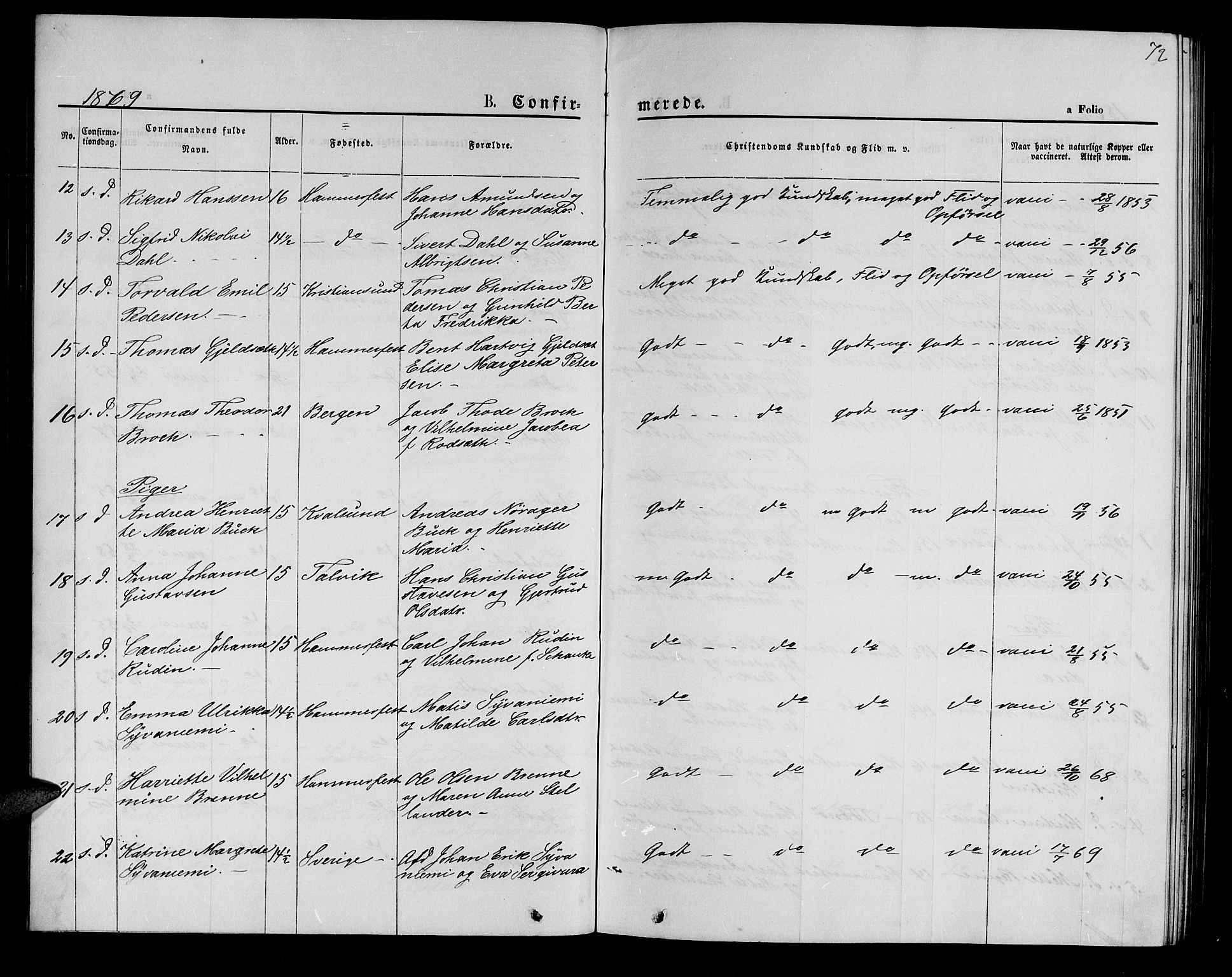 Hammerfest sokneprestkontor, SATØ/S-1347/H/Hb/L0004.klokk: Parish register (copy) no. 4, 1869-1877, p. 72