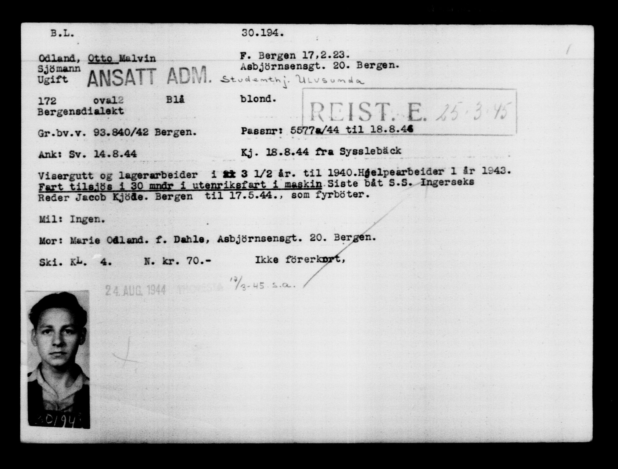 Utenriksstasjonene, Legasjonen i Stockholm, Flyktningkontoret, AV/RA-S-6753/V/Va/L0012: Kjesäterkartoteket, flyktninger med registreringsnr. 28300-31566, 1940-1945, p. 2087