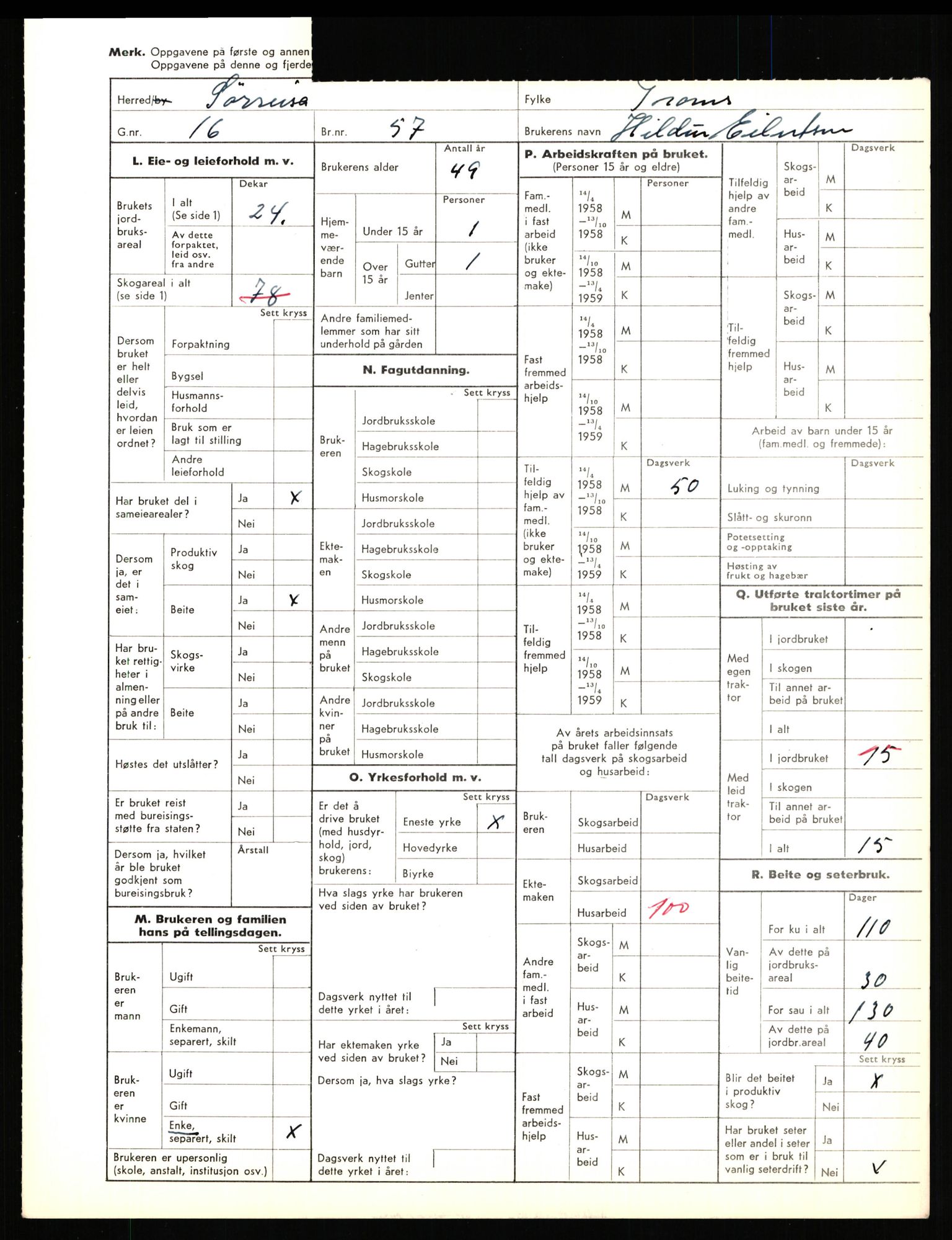 Statistisk sentralbyrå, Næringsøkonomiske emner, Jordbruk, skogbruk, jakt, fiske og fangst, AV/RA-S-2234/G/Gd/L0656: Troms: 1924 Målselv (kl. 0-3) og 1925 Sørreisa, 1959, p. 1569