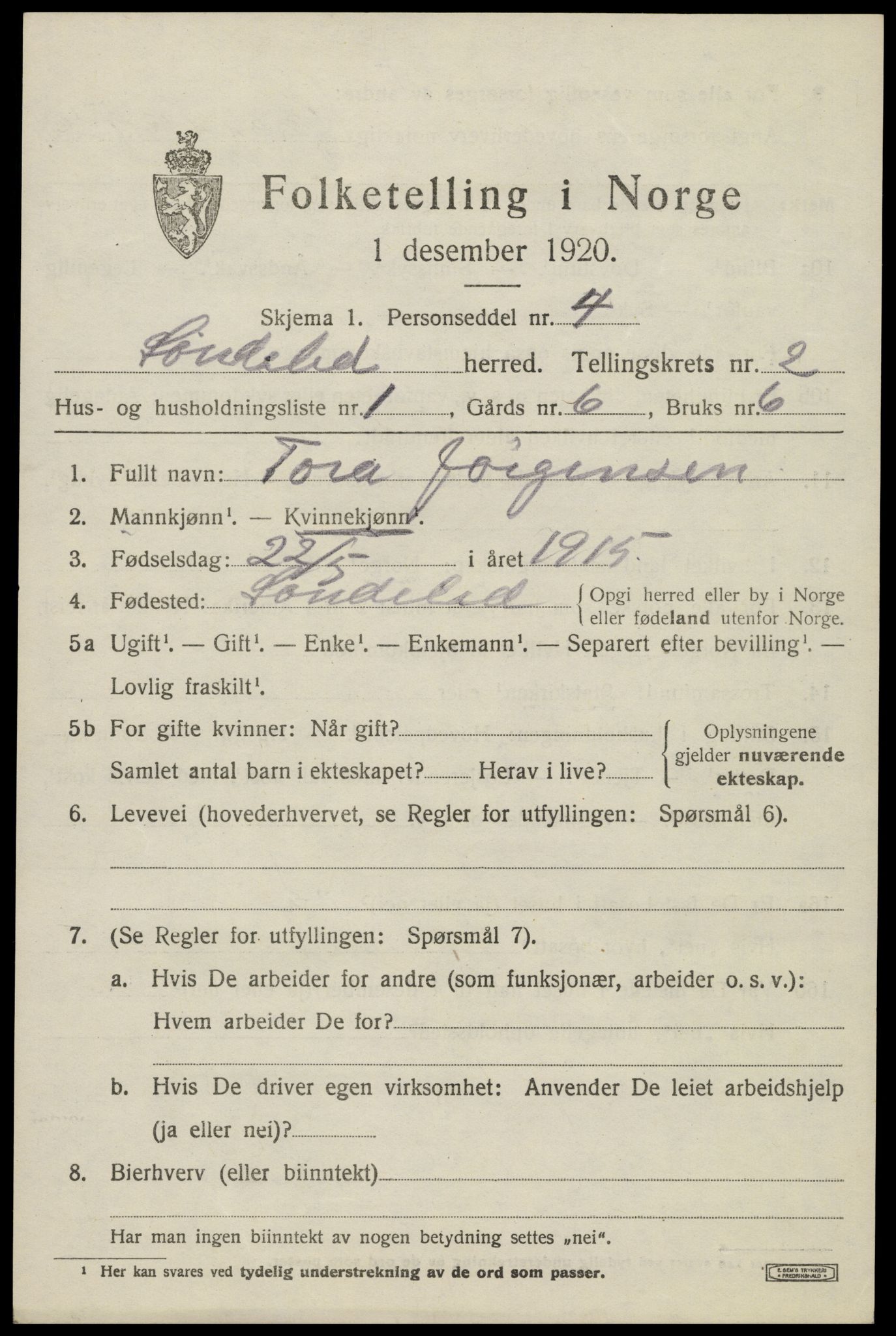 SAK, 1920 census for Søndeled, 1920, p. 1725