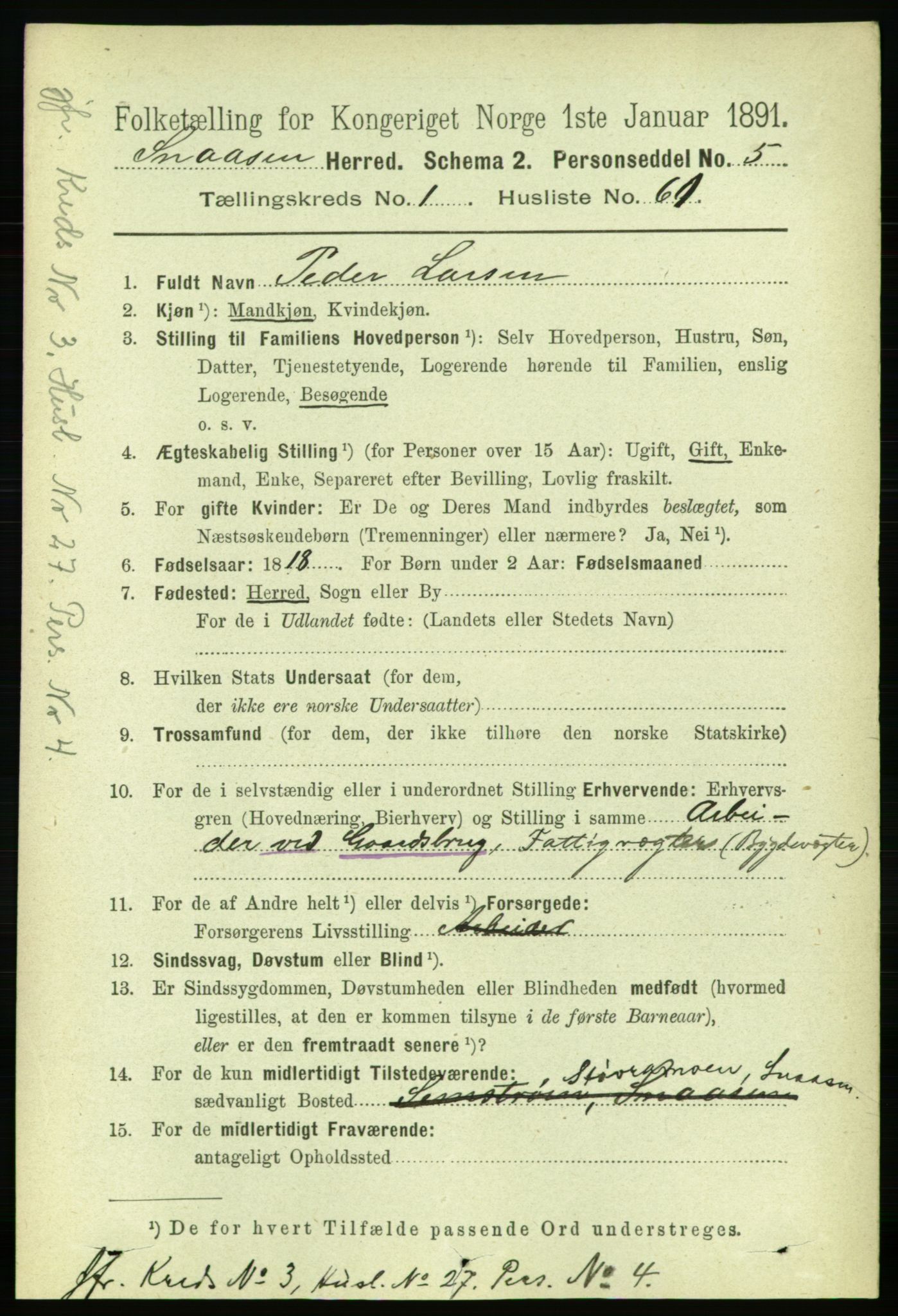 RA, 1891 census for 1736 Snåsa, 1891, p. 405